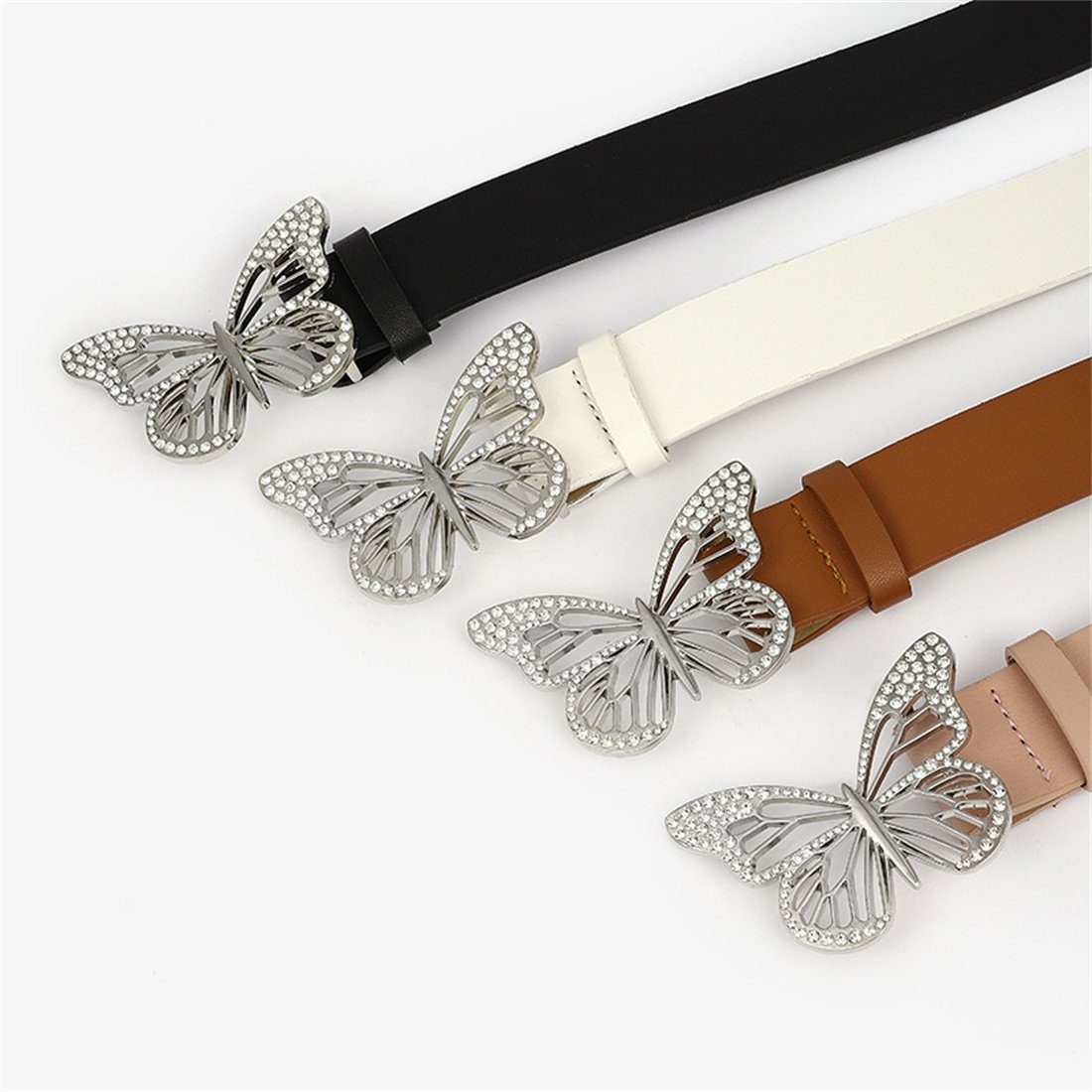 Damen Gürtel Schmetterlingsschnalle, LYDMN Ledergürtel Weiß mit Strassgürtel Mode Zubehör