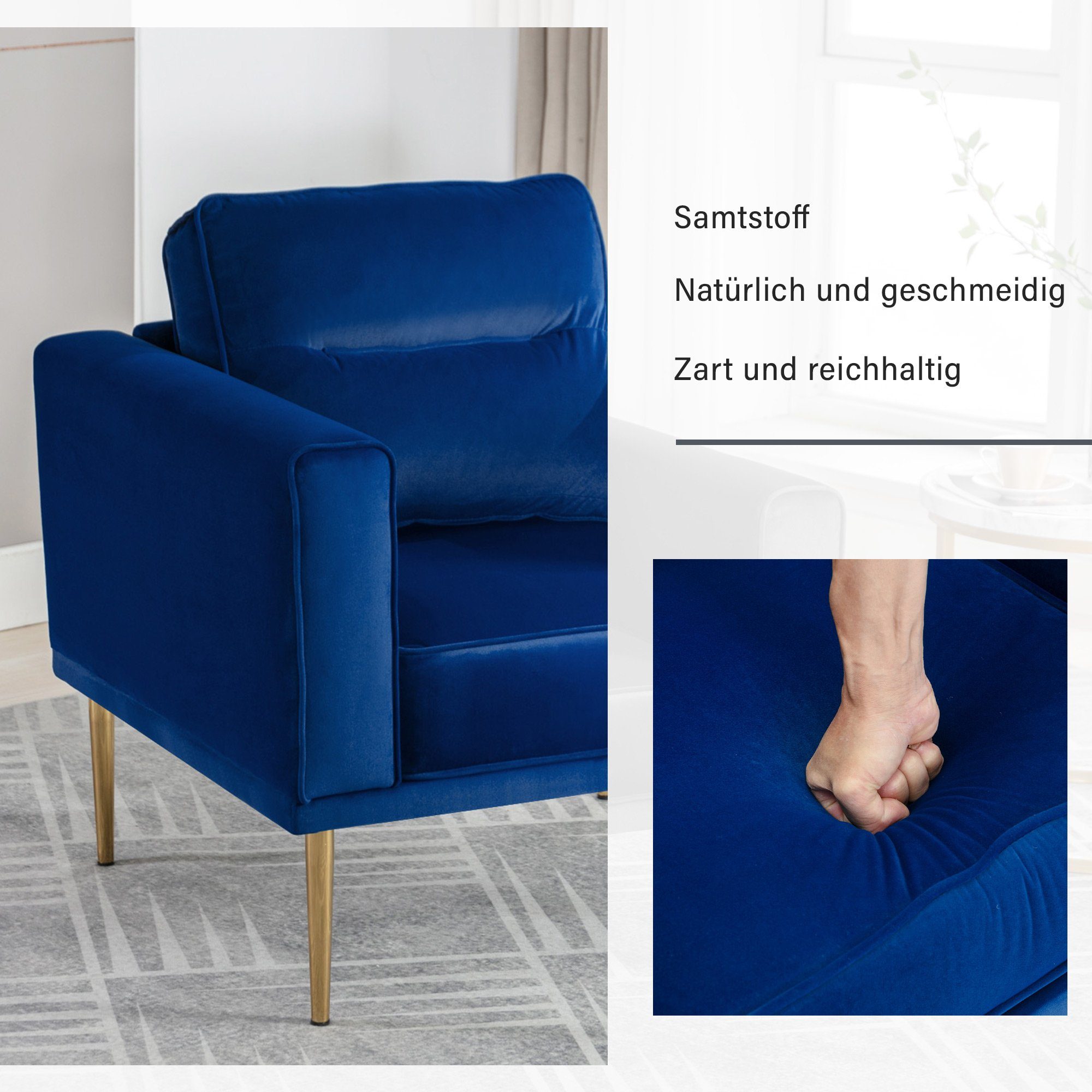 Merax Sessel mit goldenen Metallbeine, Ohrensessel, Relaxsessel, Samtbezug Blau Einzelsofa, Ruhesessel