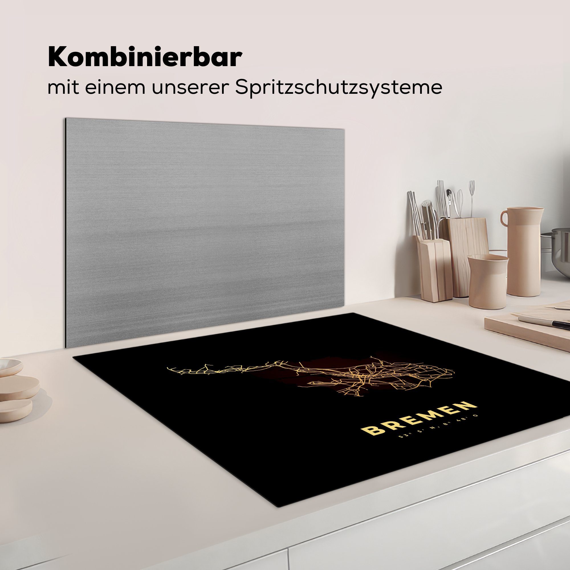 cm, für tlg), - Karte, MuchoWow Gold Arbeitsplatte Bremen küche Herdblende-/Abdeckplatte 78x78 - - Vinyl, Stadtplan Ceranfeldabdeckung, (1