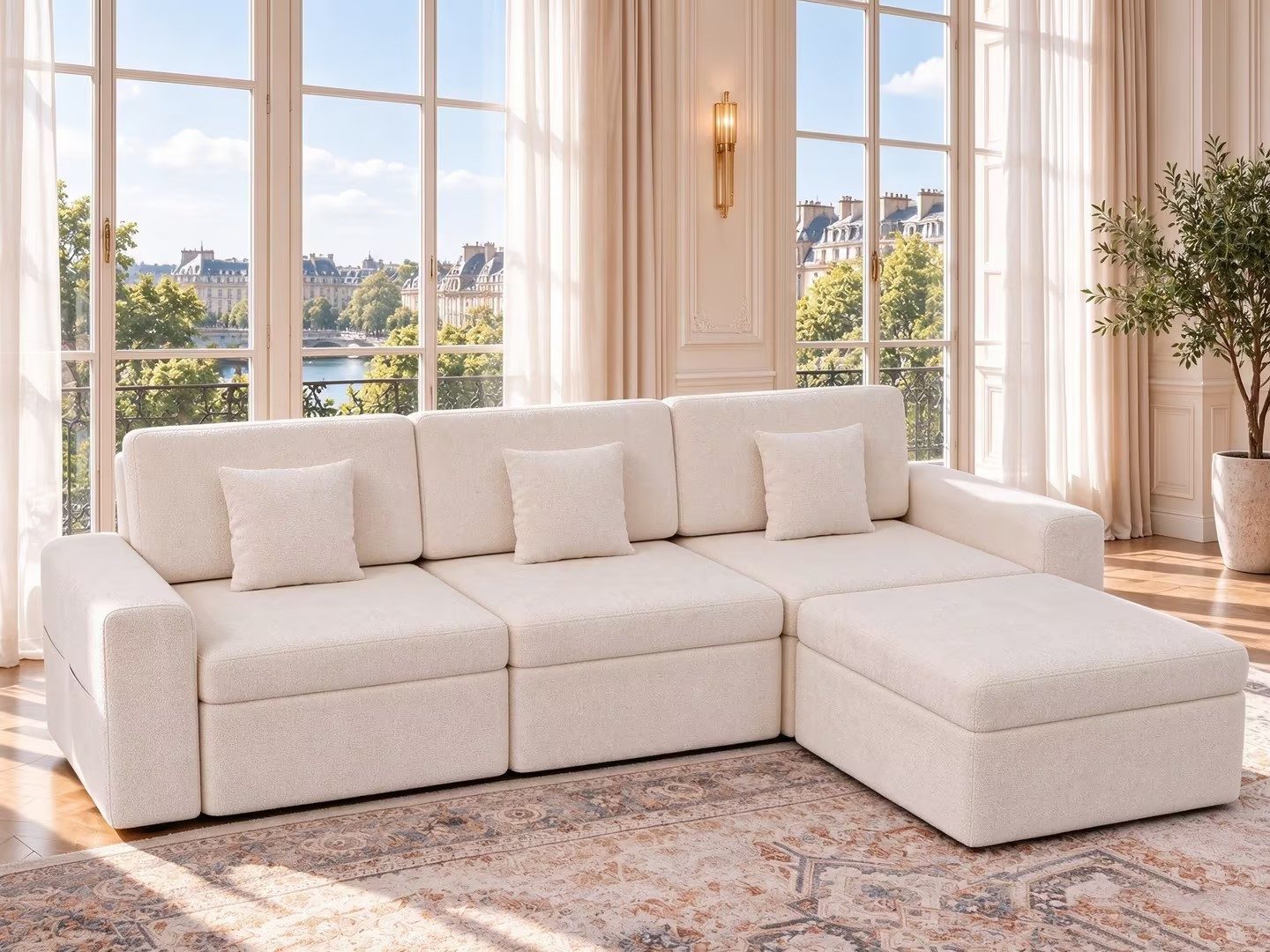 HOMAVO Ecksofa Schlafsofa, Couch L-Form, keine Montage erforderlich, inkl. Zierkissen, FSC® modulares Sofa, optionale Schlaffunktion & flexible Ottomane, Größe modular anpassbar, Stauraum je Sitz & edles Chenille für Komfort