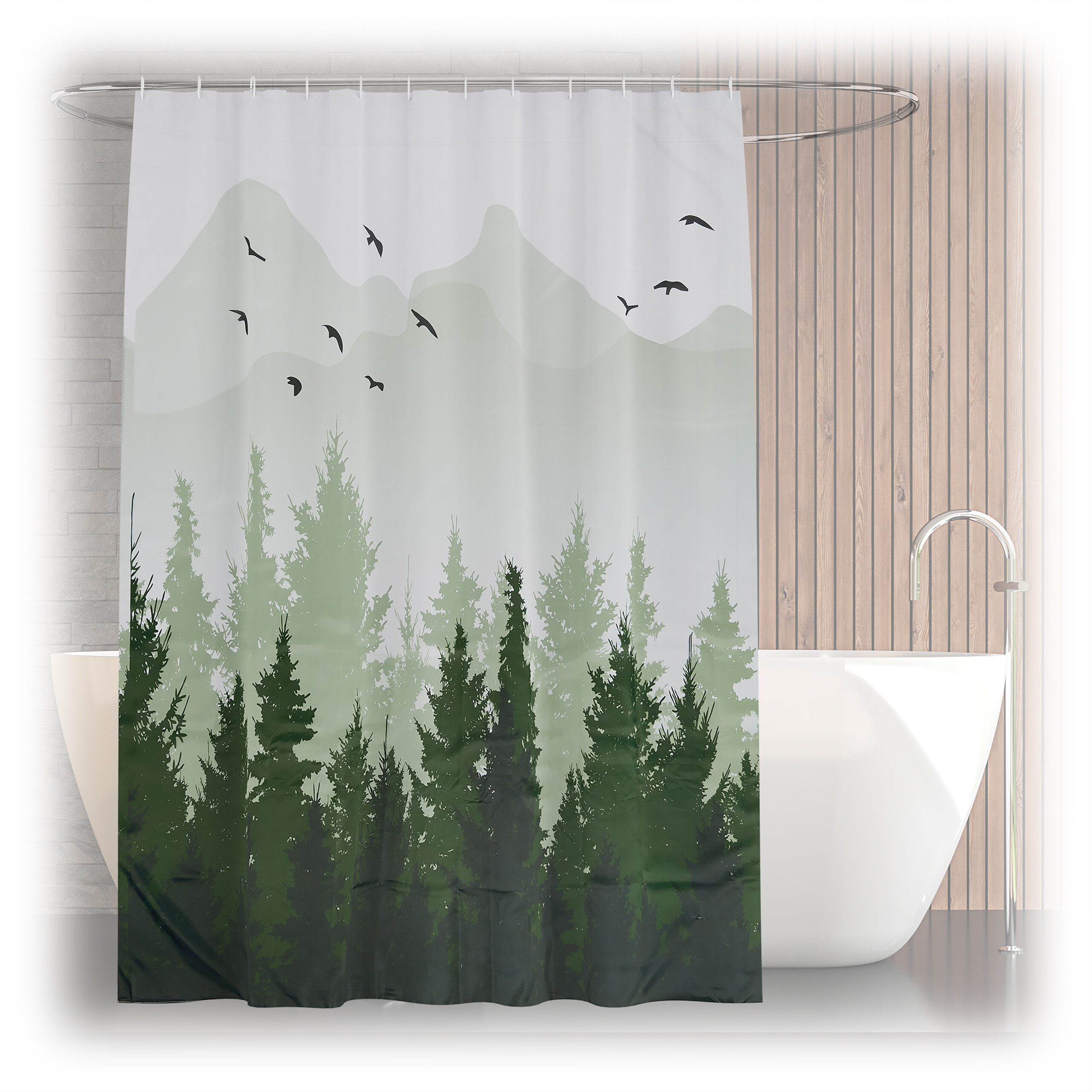 relaxdays Duschvorhang 180x200 cm mit Motiv Breite 180 cm (13-tlg., Tannenwald), 180x200cm, M