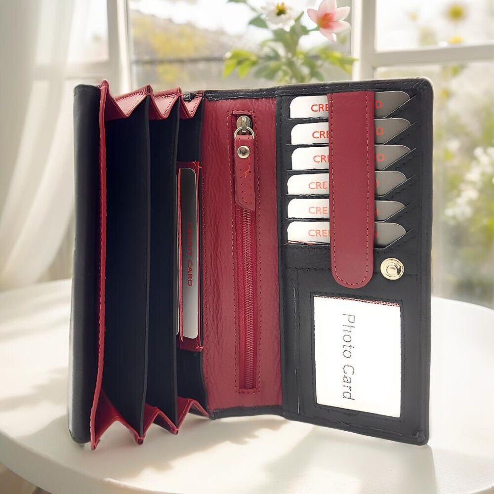 JOCKEY CLUB Geldbörse echt Leder Damen Portemonnaie lang mit RFID Schutz, bicolor, außen schwarz mit Kontrastnaht