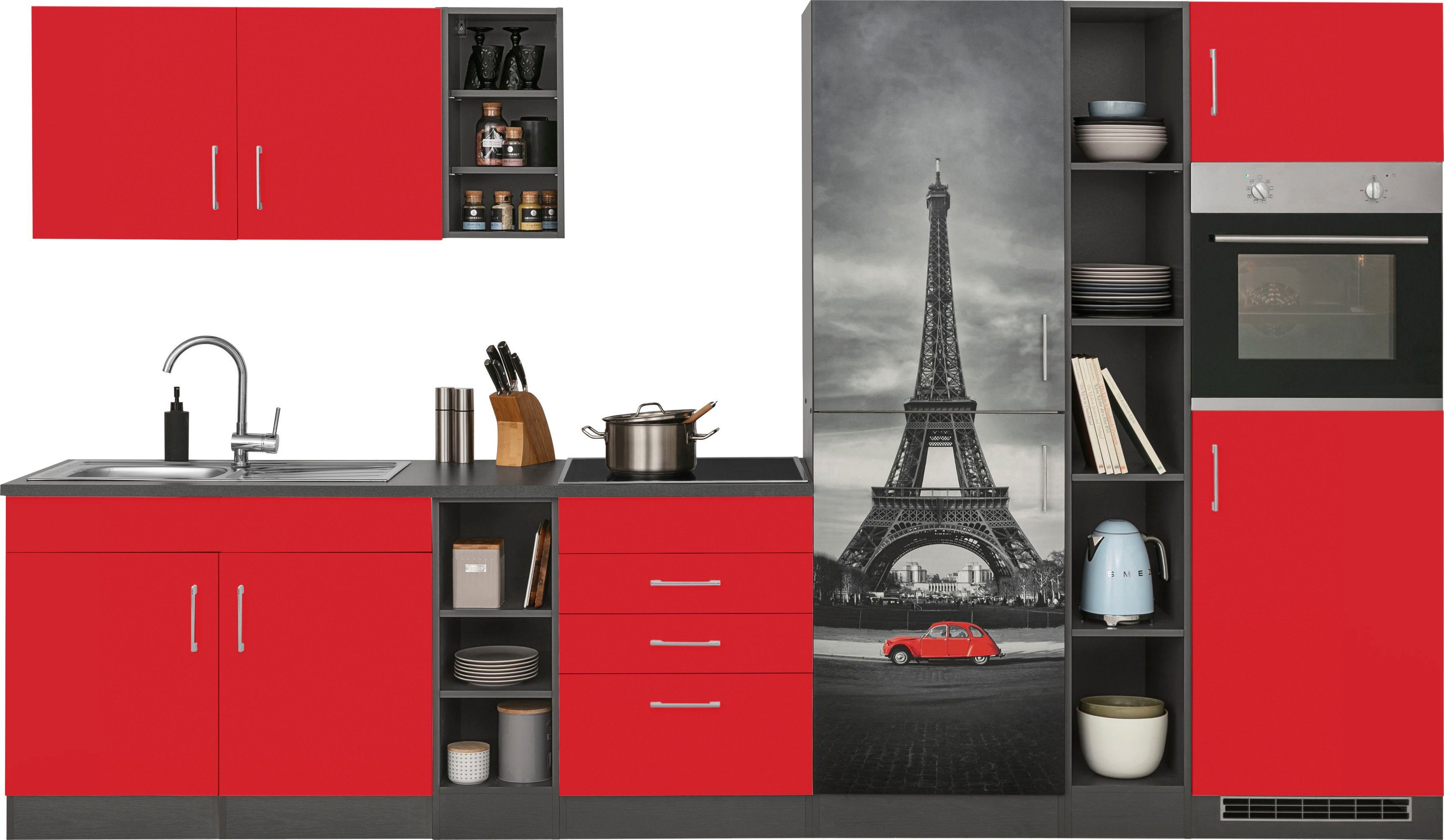 KOCHSTATION Küchenzeile KS-Paris – Küchen mit einzigartigen Fotomotiven auf den Fronten, Breite 340 cm, wahlweise mit E-Geräten und Induktion