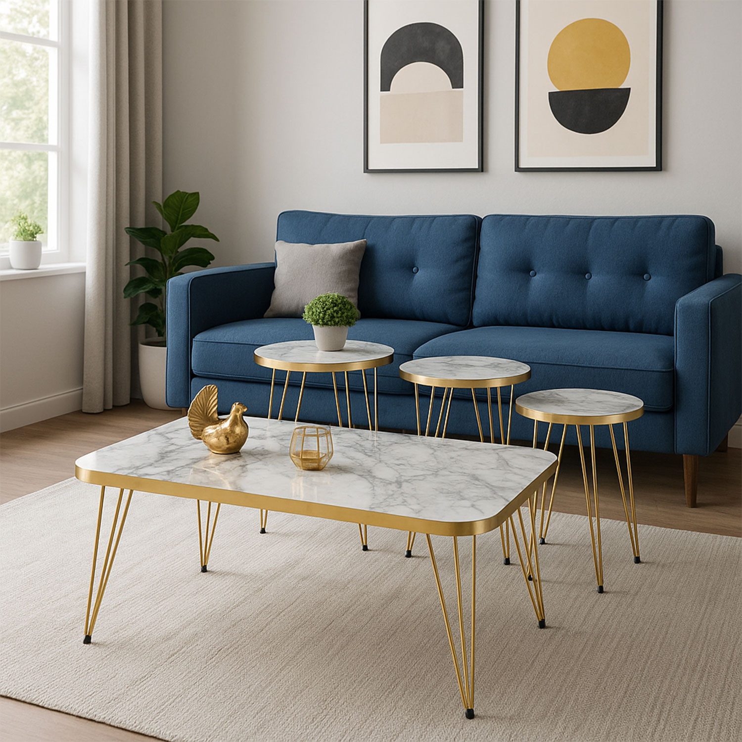 Jungengel Couchtisch Marmor 4-Teilig Beistelltisch Wohnzimmer Tisch Goldgestell Barock (Couchtisch-Set, 4-teilig, 4-St., 4-teiliges Couchtisch-Set), Luxus Couchtisch-Set in Marmoroptik Schwarz/Weiß mit goldenen Akzenten