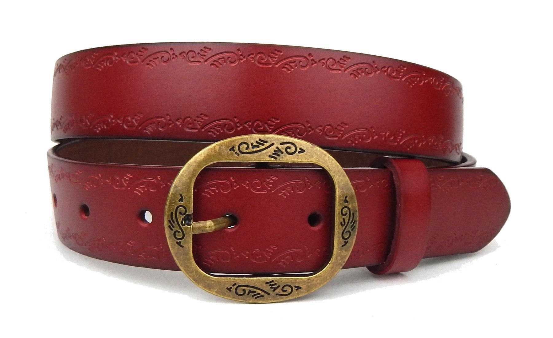 Ella Jonte Ledergürtel in Rot mit goldener Ornament-Schnalle, 3,3 cm breit