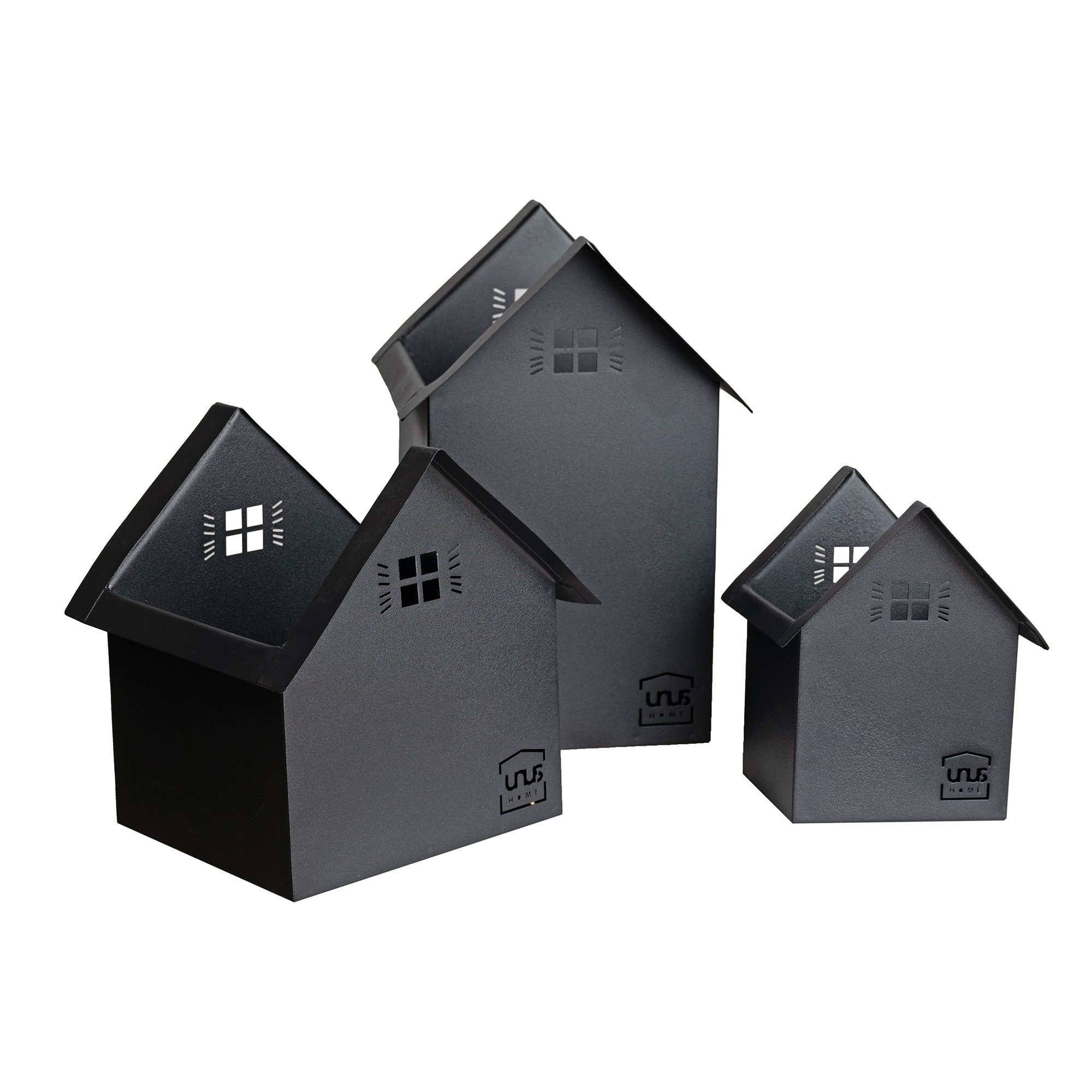 UNUS HOME Teelichthalter Deko Häuser Metall 3er Set (3er Set schwarz), Dekohaus Metallhaus beleuchtbar und bepflanzbar Blumentopf Pflanzgefäß