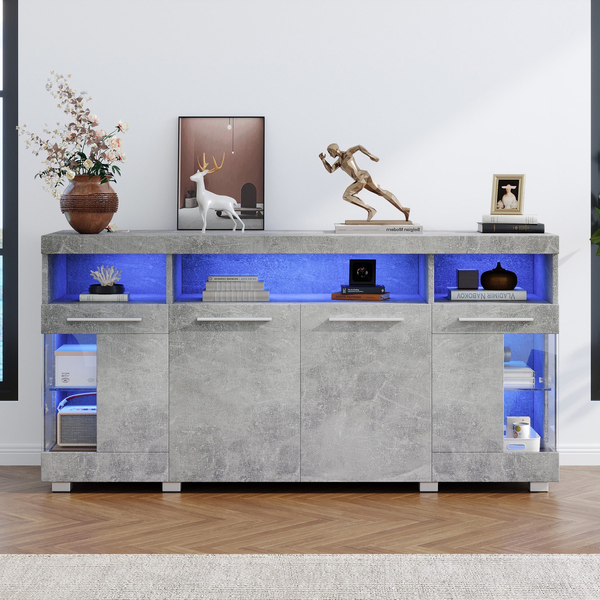 HAUSS SPOLE Sideboard Hochglanz mit LED Licht, Seitenschrank aus Glas mit 3 günstig online kaufen