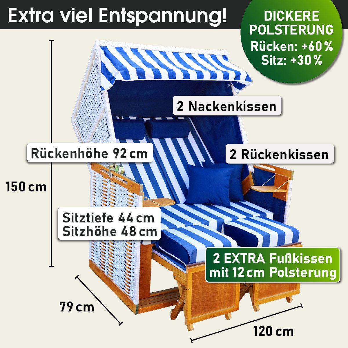 BRAST Strandkorb für 2 Personen, 120cm breit, 4 Designs, BxTxH: 120x79x150 cm, Volllieger, Norderney Deluxe, (verstellbare Rückenlehne weiches Fußkissen) – Bild 2 von 5