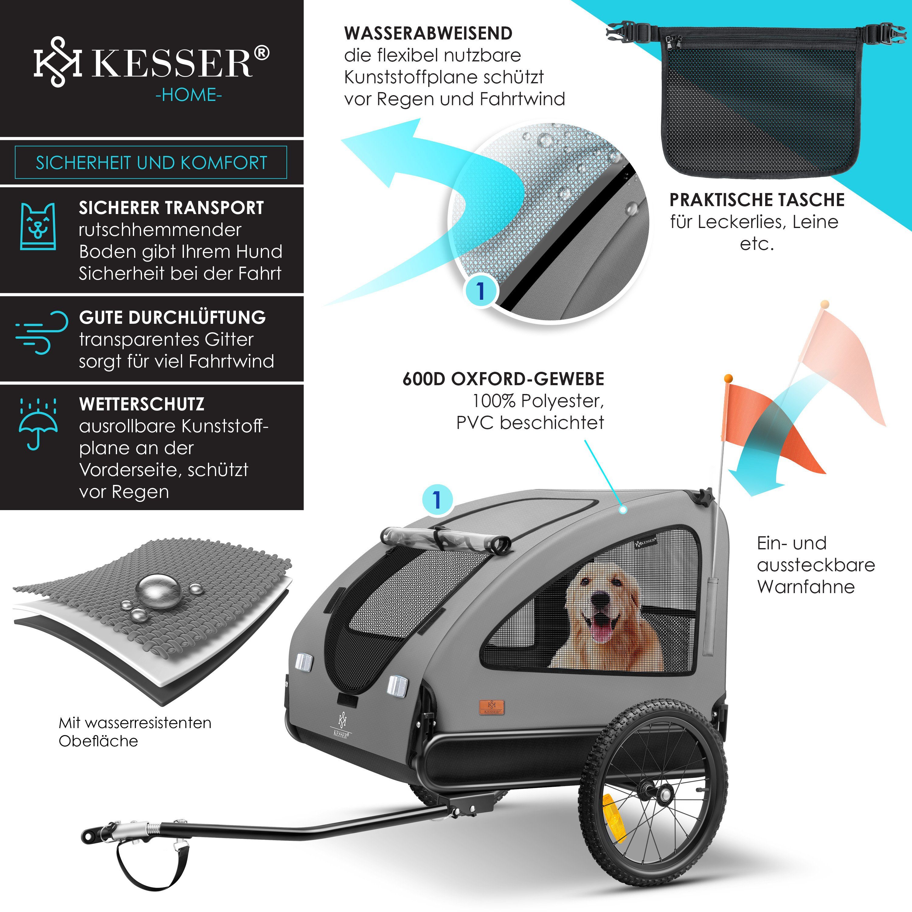 KESSER Fahrradhundeanhänger, Hundeanhänger Boxer 2-in-1 Hundebuggy Fahrradanhänger groß