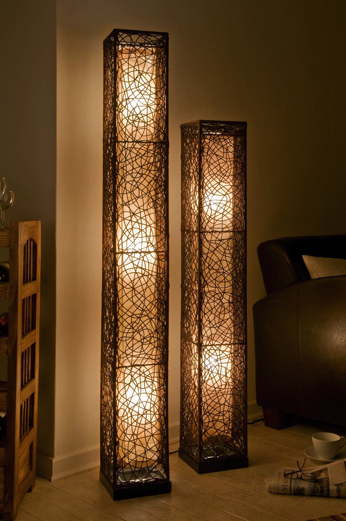 Stehlampe Stehleuchte Stehlampe mit Natur-Rattan-Geflecht Stoffschirm für LEDs