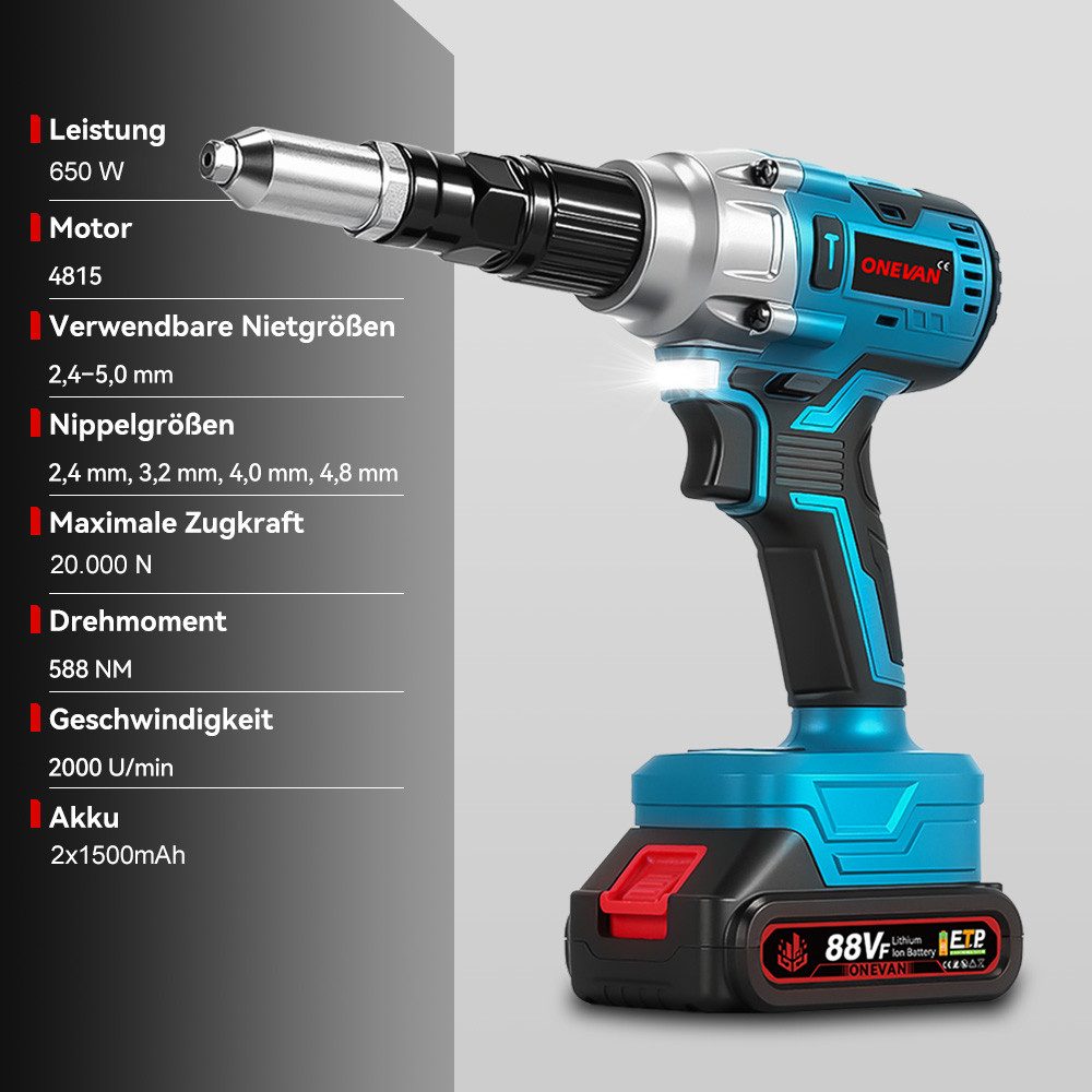 ONEVAN Blindnietzange Akku-Nietzange,Nietpistole Bürstenlose Automatischer Blindnietenzange, 20000N, mit 2x Akkus, für 2.4-5.0mm Blindnieten