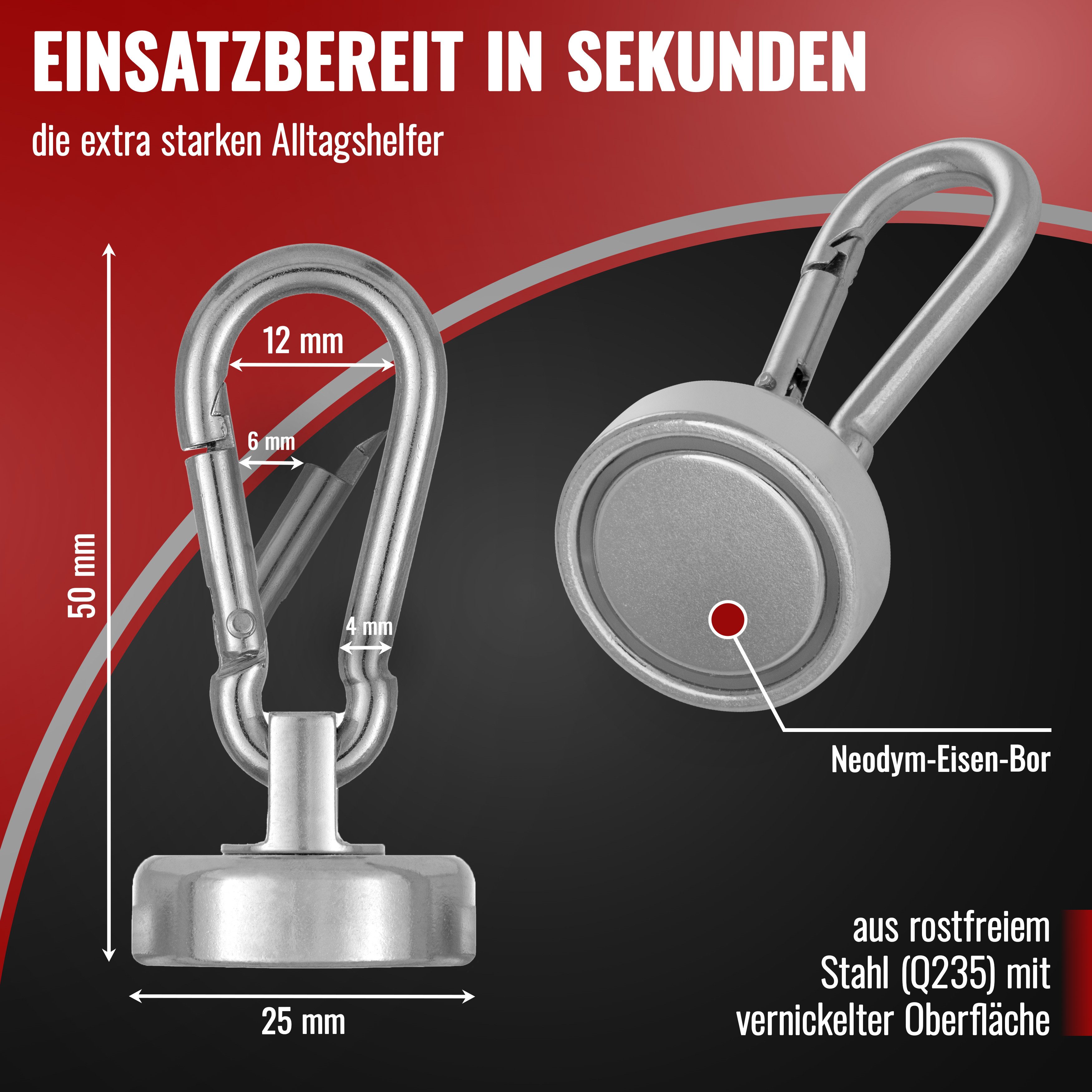 Poppstar Wandhaken Magnet-Karabiner stark, für Wand oder Decke, (4-St), Neodym Haken-Magnete mit drehbarem, abnehmbarem Karabiner – Bild 2 von 5