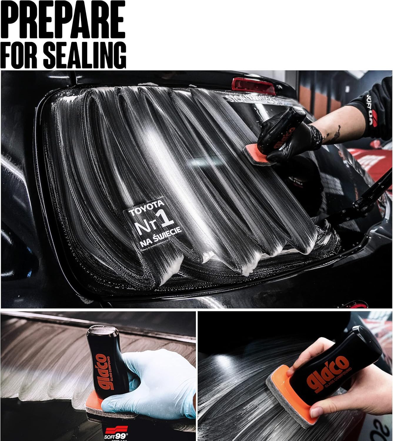 detailmate Scheibenversiegelung Auto Soft99 Glaco DX Glass Compound Roll On Glasreiniger (5-St. + Nuke Guys See Through Glas-Reiniger 100ml + Mikrofasertücher)