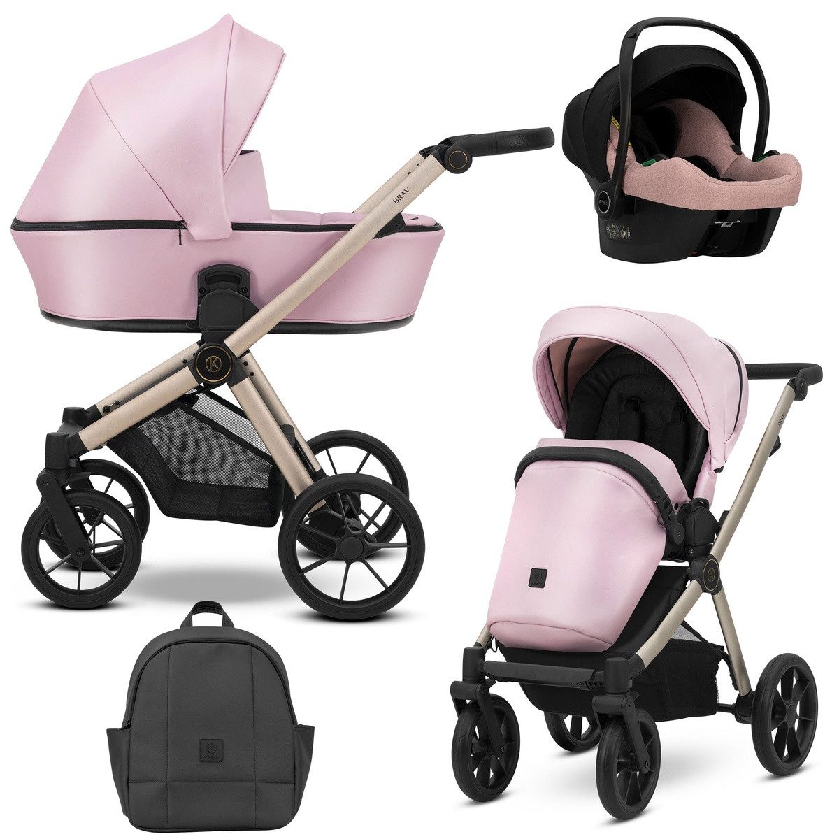 KUNERT Kombi-Kinderwagen BRAV 3 in1 Öko-Leder Kinderwagen mit Champagner Rahmen, Gelrädern, Leichtes Aluminiumgestell, 5-Punkt-Sicherheitsgurte