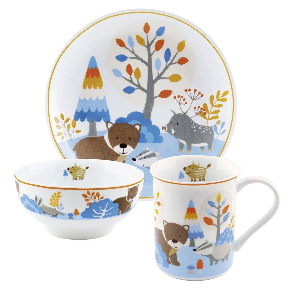 PURESIGNS Kindergeschirr-Set FRIENDS (3-tlg), 1 Personen, Porzellan, Plastikfreier Essgenuss für die Kleinen