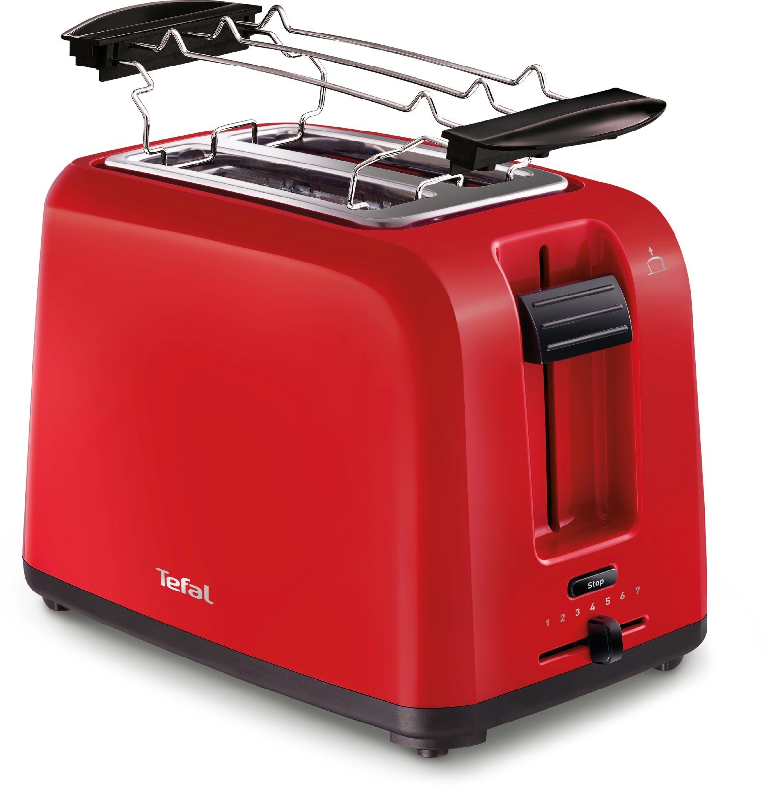 Tefal Toaster Doppelschlitz mit 7 Bräunungsstufen inkl. Brötchenaufsatz rot, 2 kurze Schlitze, 800 W