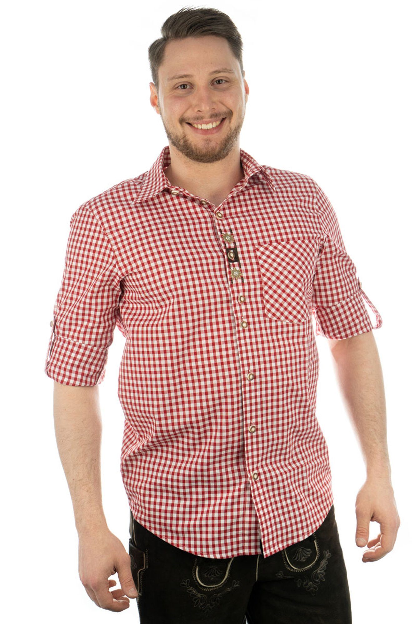 OS-Trachten Trachtenhemd mit Edelweiß-Stickerei Brusttasche, Langarmhemd der mittelrot Knopfleiste Utamo auf