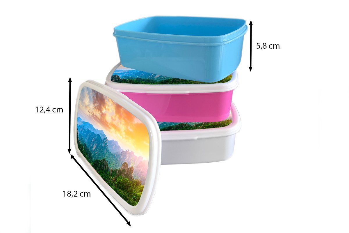 MuchoWow Lunchbox Berge - für weiß und - Bäume und Kunststoff, Jungs Brotdose, Natur, Kinder für Brotbox Sonnenuntergang - (2-tlg), Mädchen Erwachsene