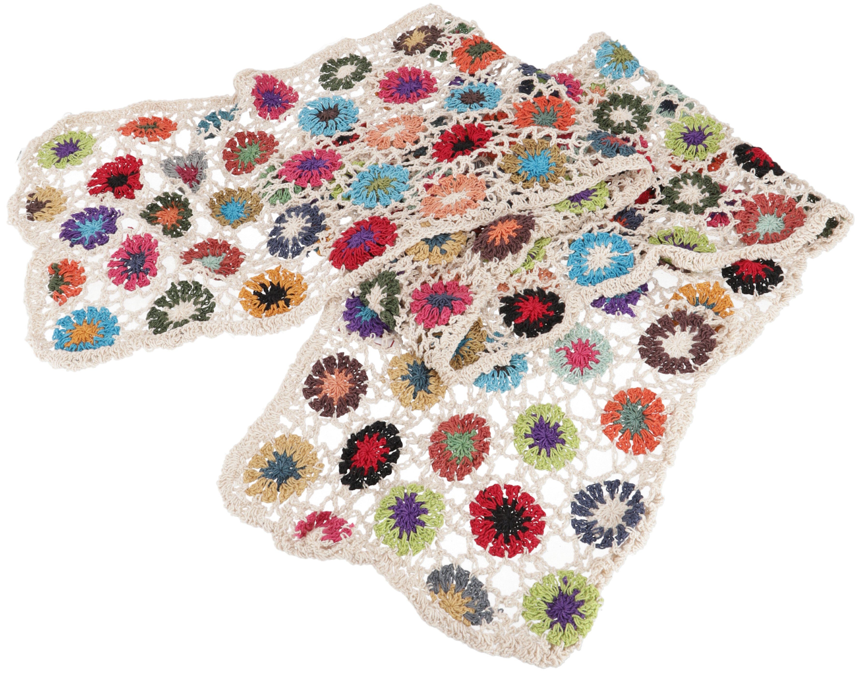 Guru-Shop Halstuch Häkelschal mit bunten Blümchen, Boho Schal - weiß, Festival, Ethno Style, alternative Bekleidung