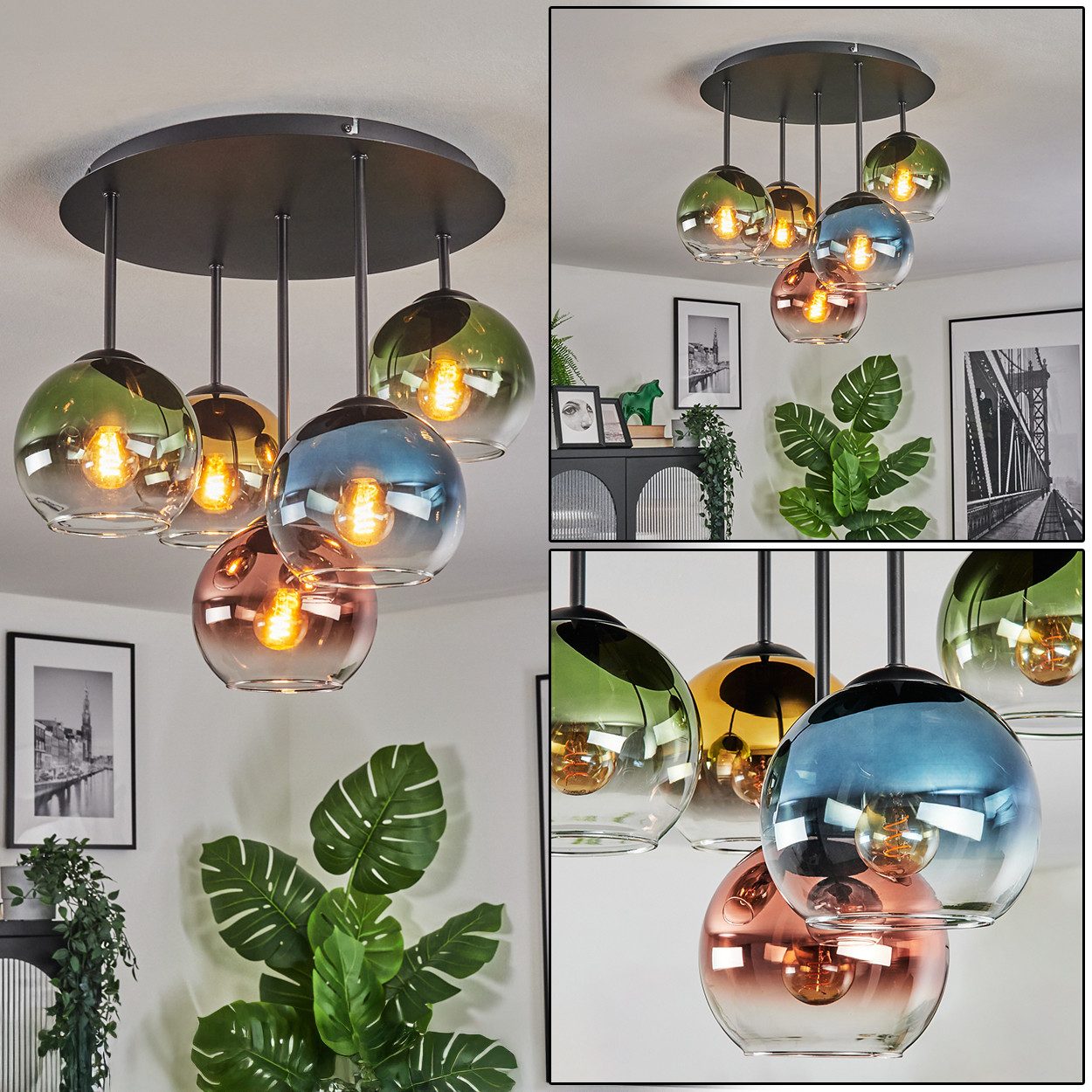 hofstein Deckenleuchte Deckenlampe aus Metall/Glas in Schwarz/Blau/Grün/Kupfer/Gold/Klar, Deckenleuchte im Retro/Vintage-Design (Schirm Ø 15 cm), 5 x E14