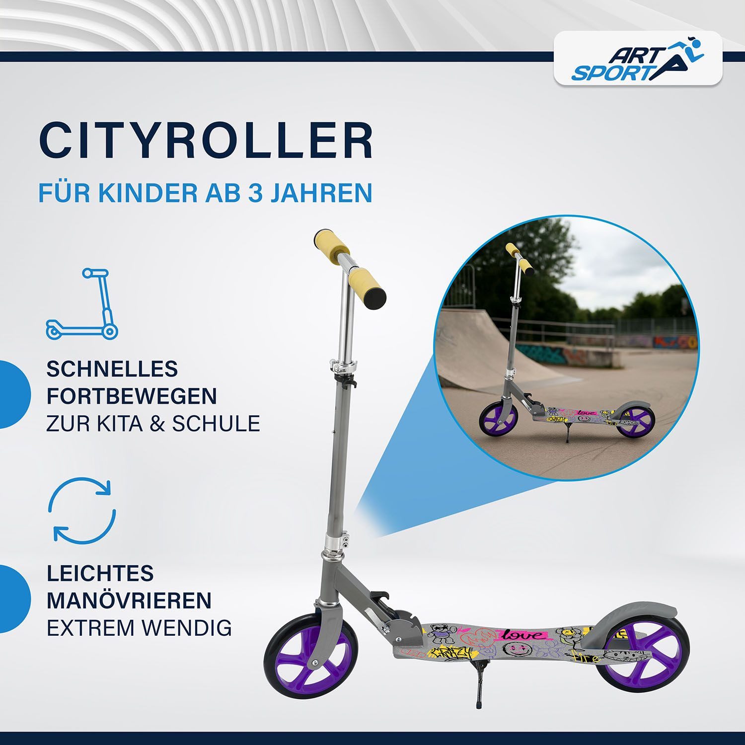 ArtSport Cityroller Graffity, mit XXL Rädern, Fußständer, Hinterradreibungsbremse