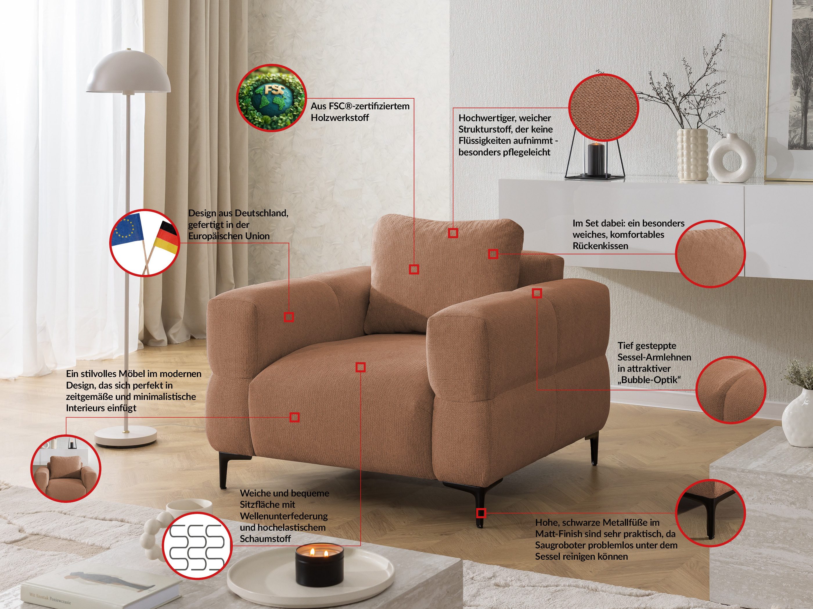 S-Style Möbel Sessel Cardea in Bubble-Optik aus weichem Strukturstoff mit hohem Sitzkomfort, mit Wellenfederung