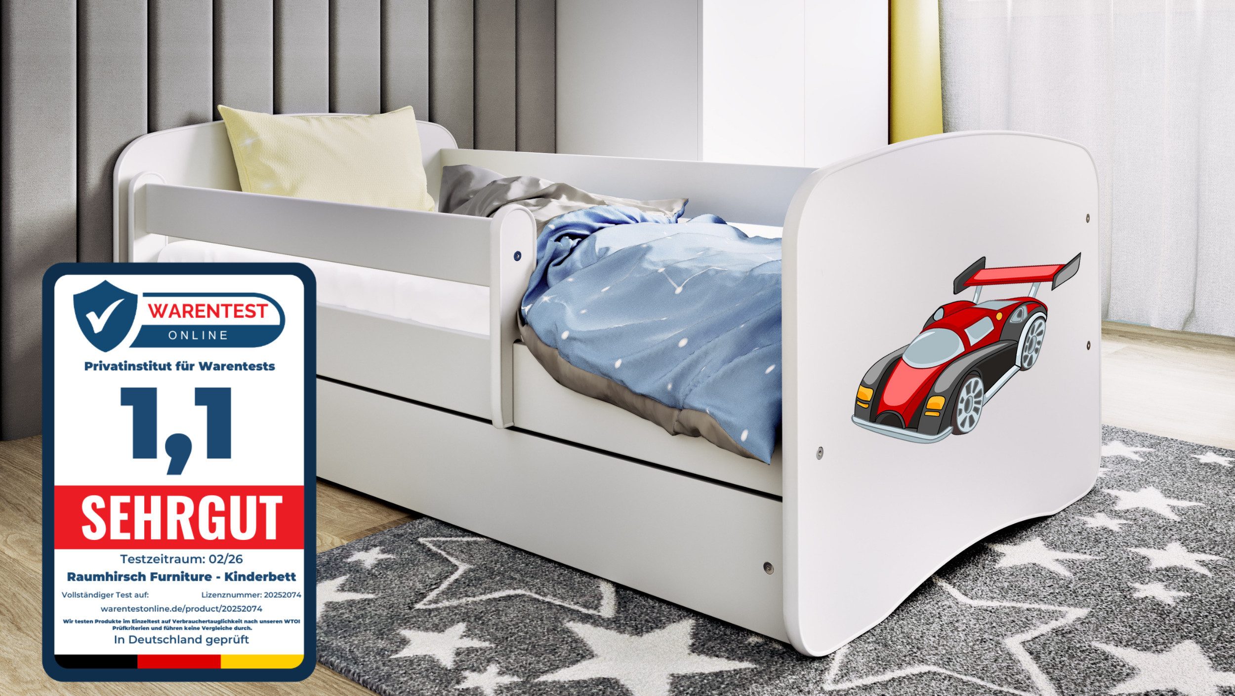 Raumhirsch Furniture Kinderbett 70x140, 80x160, 80x180 cm - Komplettset mit Matratze & Schublade (Bett für Mädchen, Einzelbett für Kinder von 2-12 Jahren, Rausfallschutz und Lattenrost), verschiedene Farben & Designs
