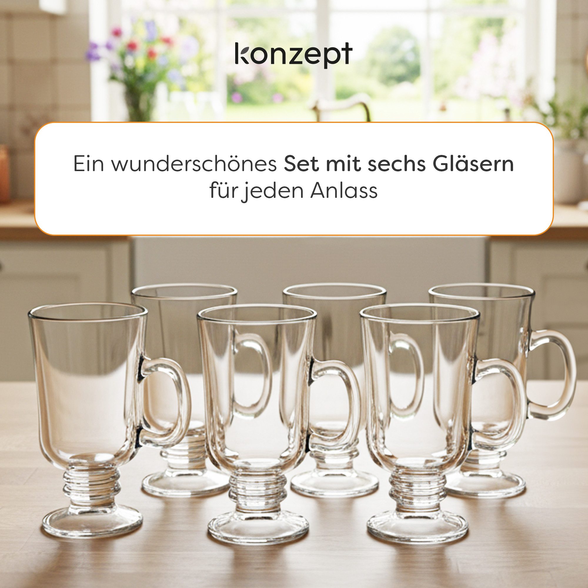KONZEPT Latte-Macchiato-Glas 6er Set -200 ml Irish Coffee Gläser mit Henkel und Stiel, 6-tlg., hochwertiges Glas, Pflegeleicht, Vielseitige Verwendung – Bild 4 von 5