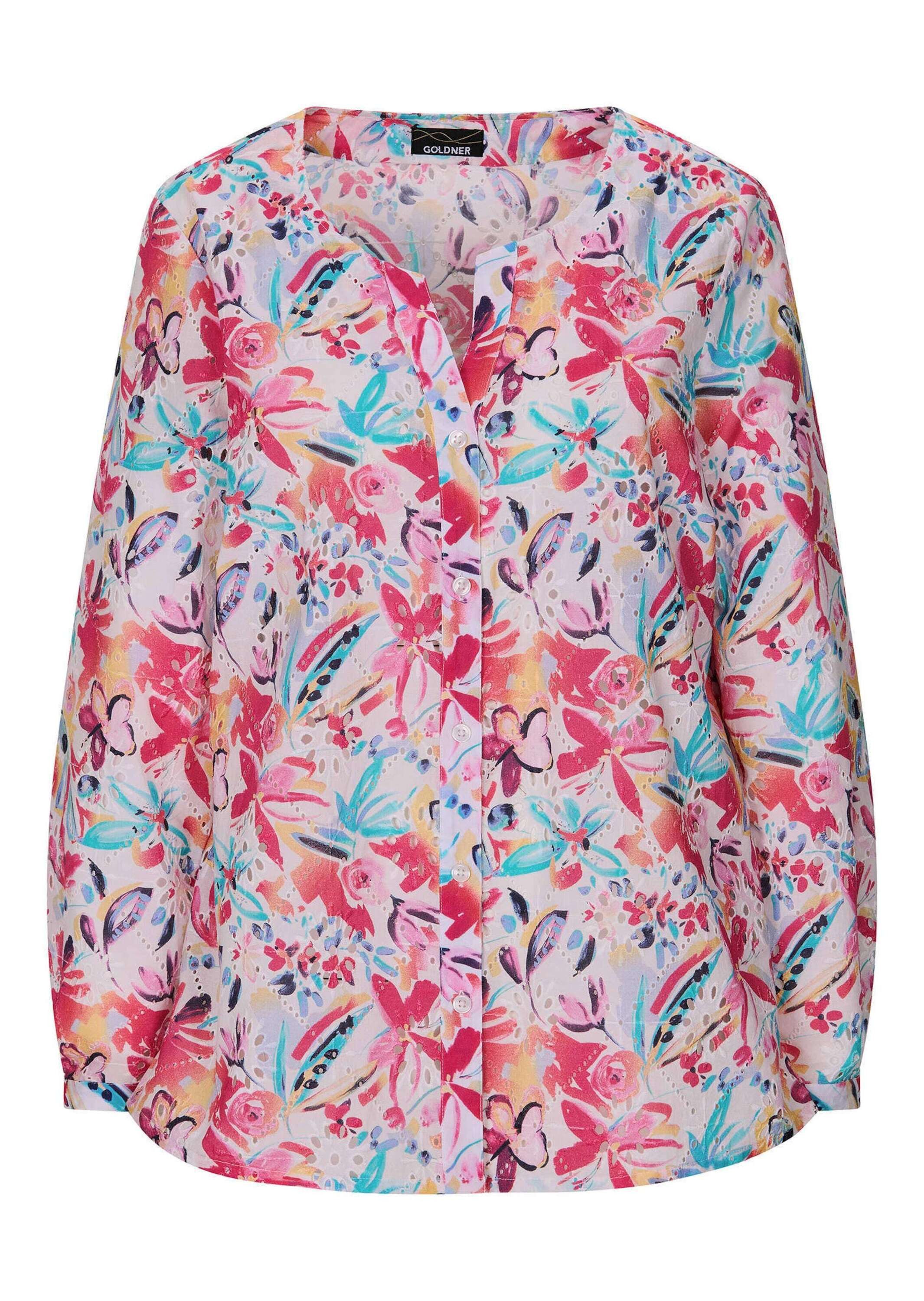 GOLDNER Kurzarmbluse Kurzgröße: Druckbluse mit floralem Design Baumwollbluse mit V-Ausschnitt, Knopfleiste und Langarm