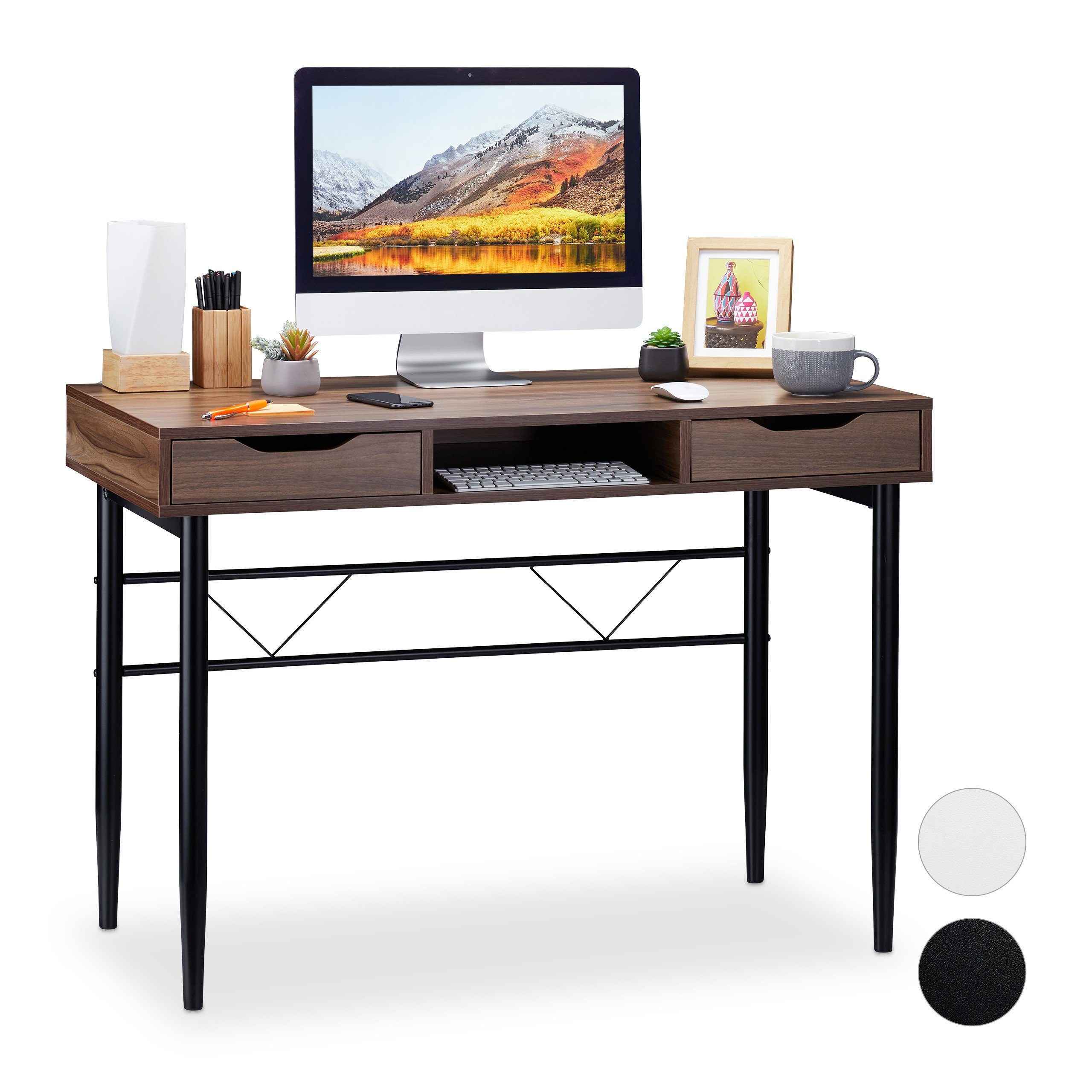 relaxdays Schreibtisch Schreibtisch mit Schubladen, Holz / Schwarz Braun Schwarz