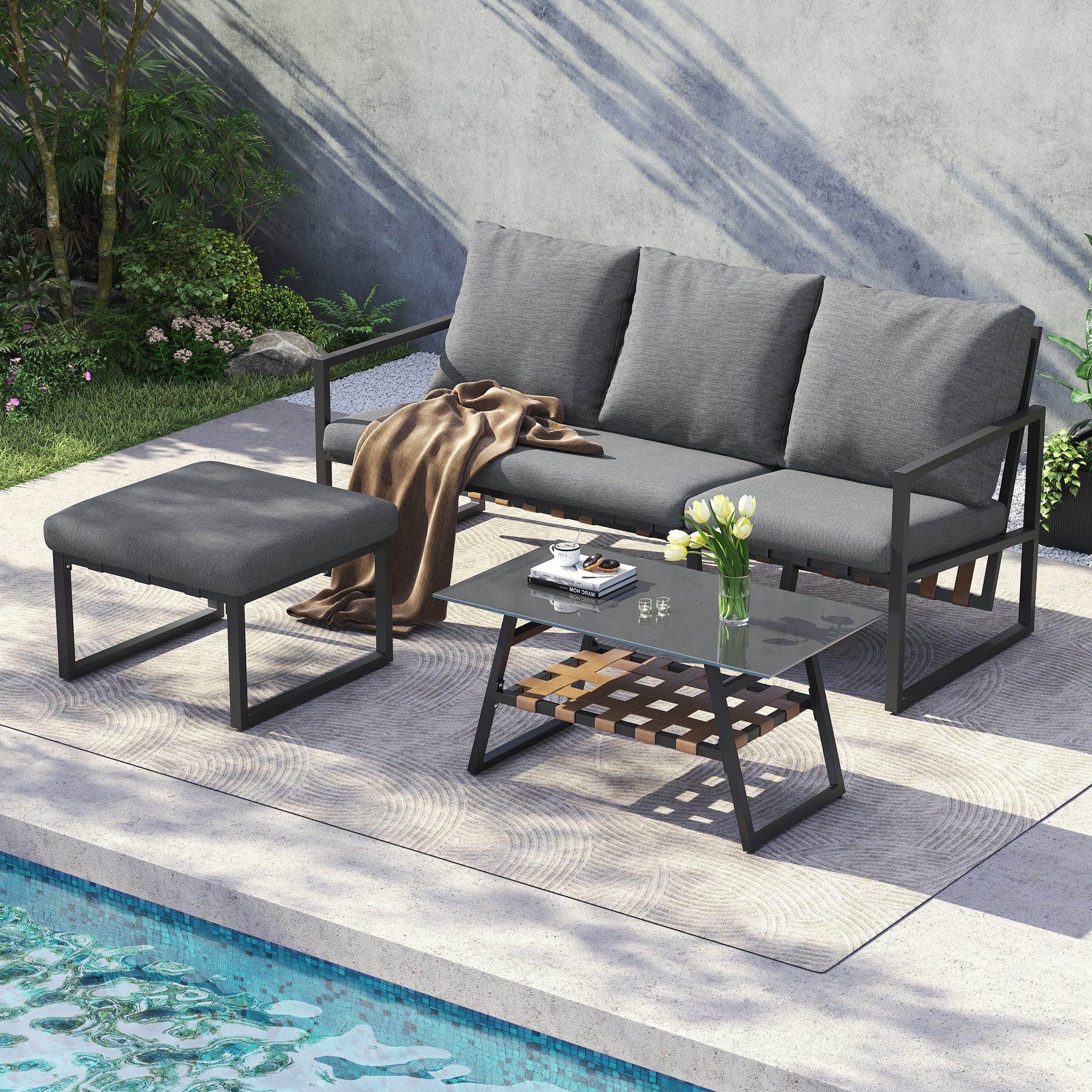 Celya Gartenlounge-Set Gartenlounges Balkon, Gartenmöbel Set 4-5 Personen mit Sofa, (verzinktes Stahlrohr, Glastischplatte, geeignet für Gärten, Schwimmbäder und andere Außenbereiche, Grau), Gartenmöbel-Set, Eckgarnitur, Sofa + Couchtisch + Fußhocker