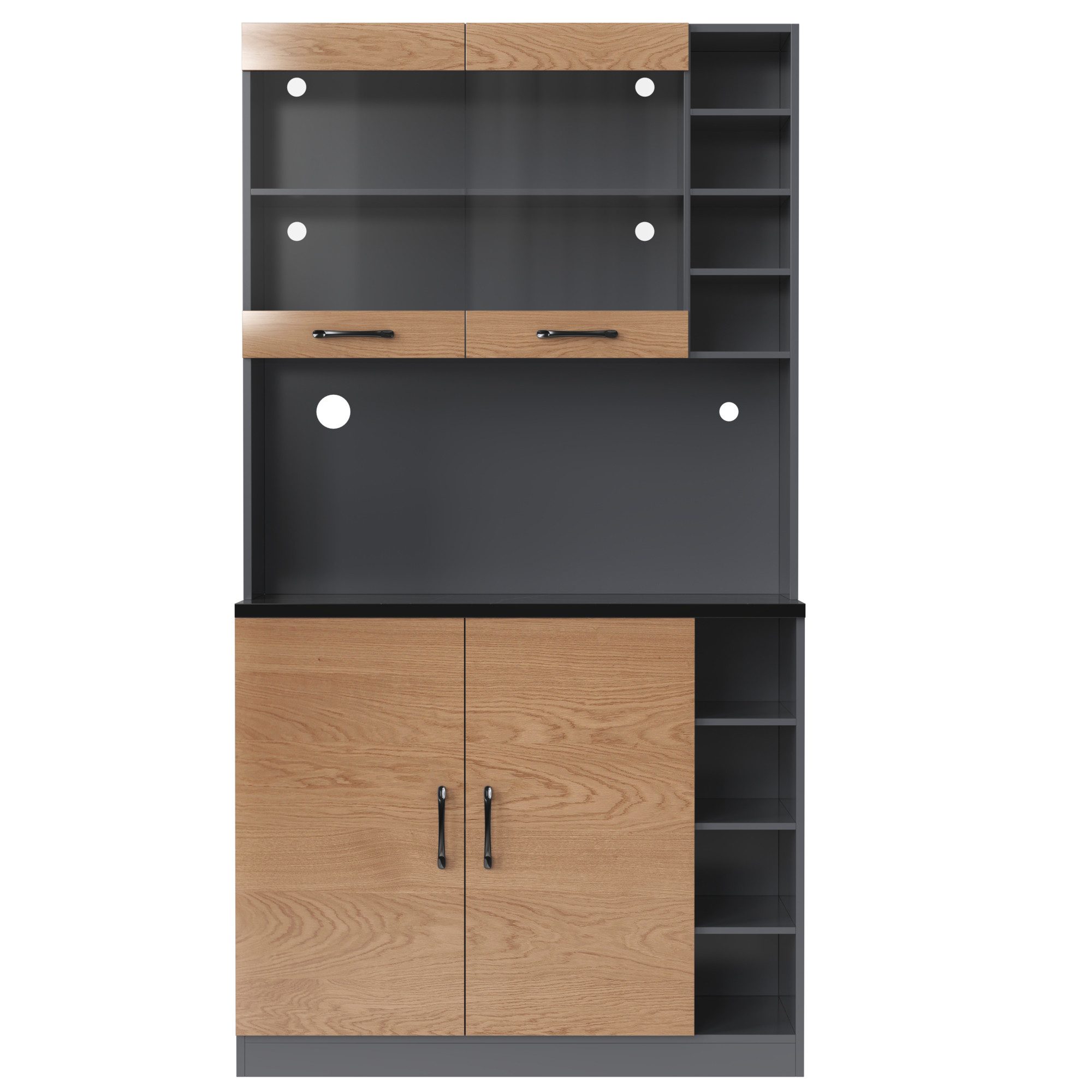 Flieks Küchenbuffet Hochschrank mit LED-Beleuchtung und Glastüren (100x47x187 cm, 1-St., höhenverstellbare seitliche Ablagefächer) Küchenschrank mit Arbeitsplatte Mehrzweckschrank Highboard