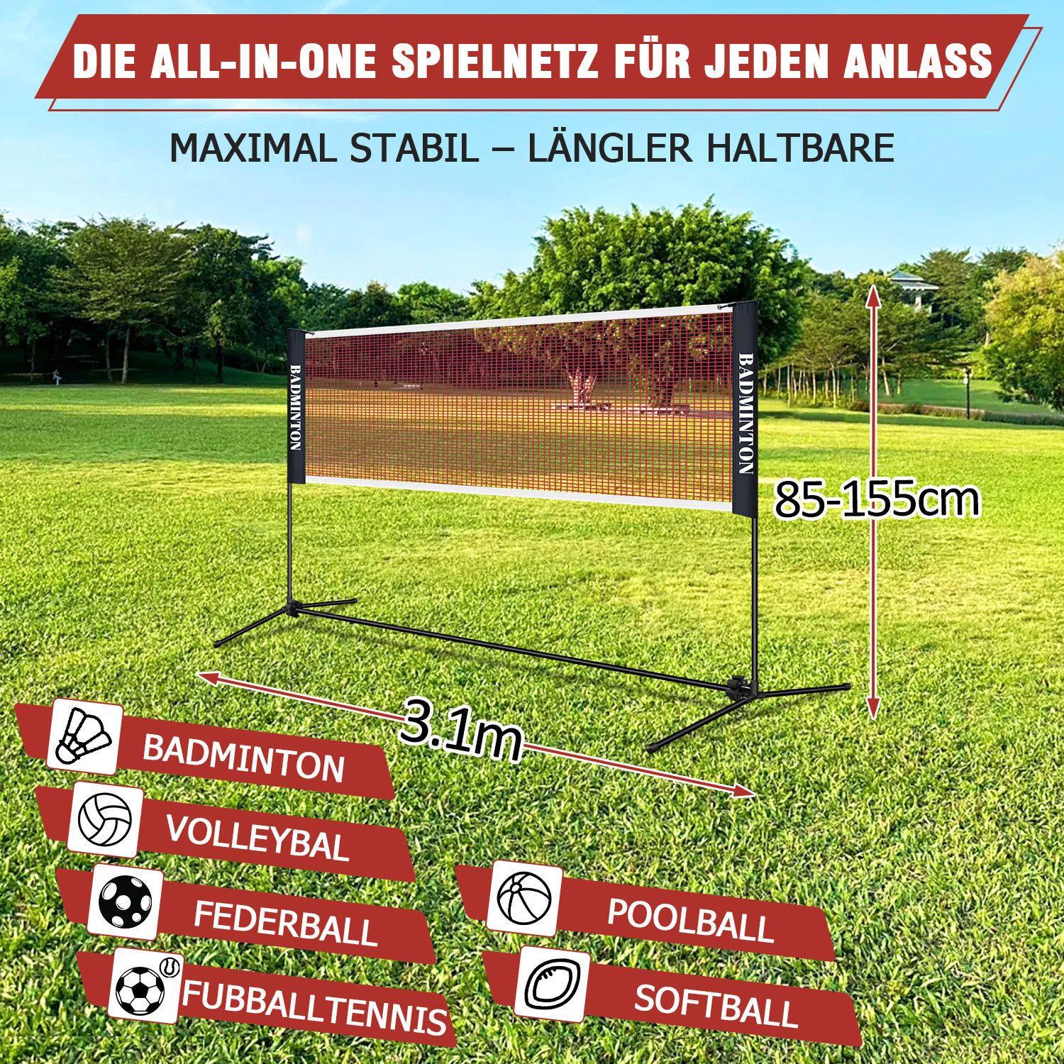 Clanmacy Badmintonnetz Tennisnetz mit Ständer Höhenverstellbar faltbares Polyester 310 cm