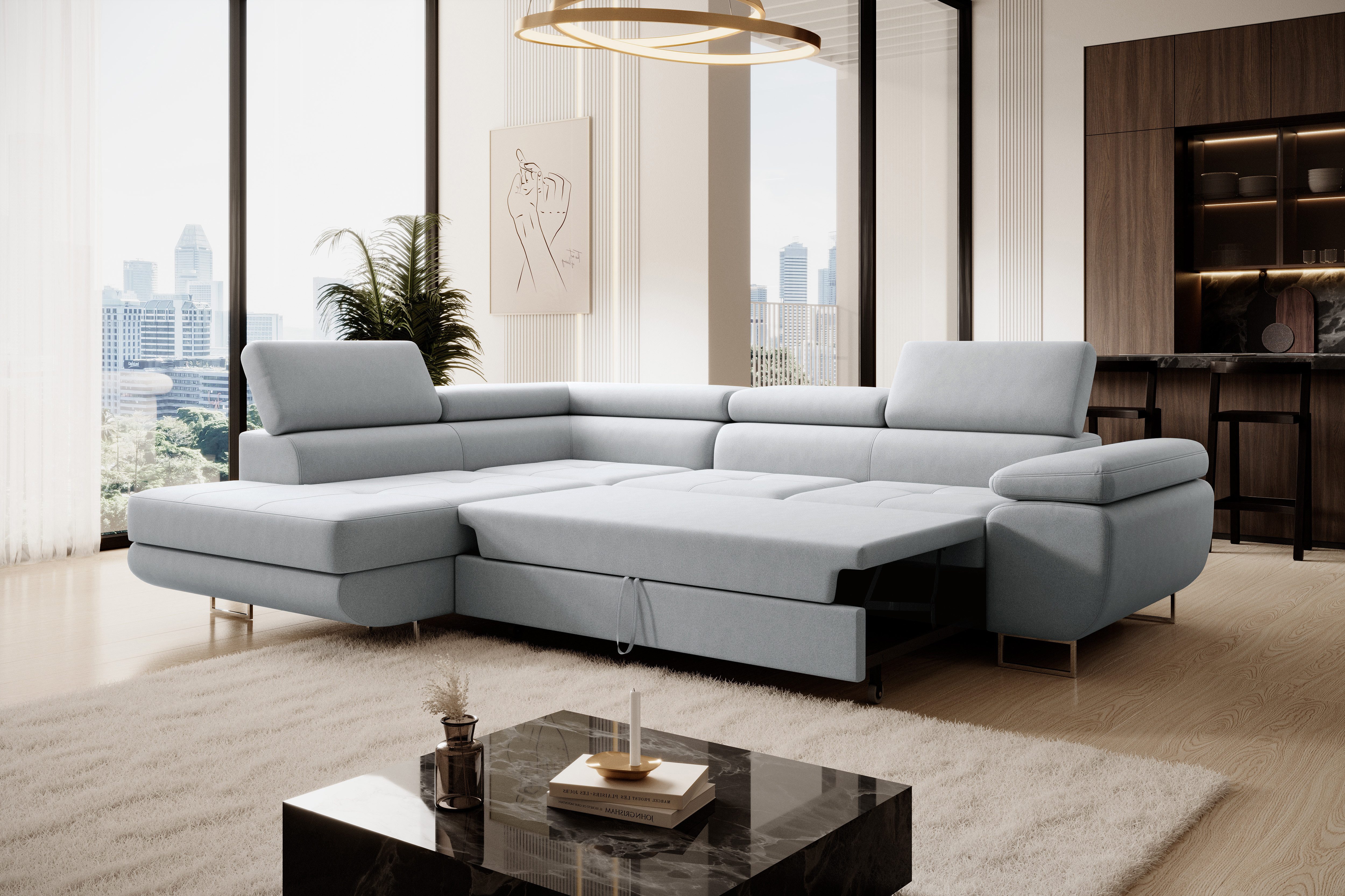 Muffo Ecksofa Wild Ecksofa mit Schlaffunktion, Verstellbare Kopfstützen, Schlaffunktion mit Bettkasten