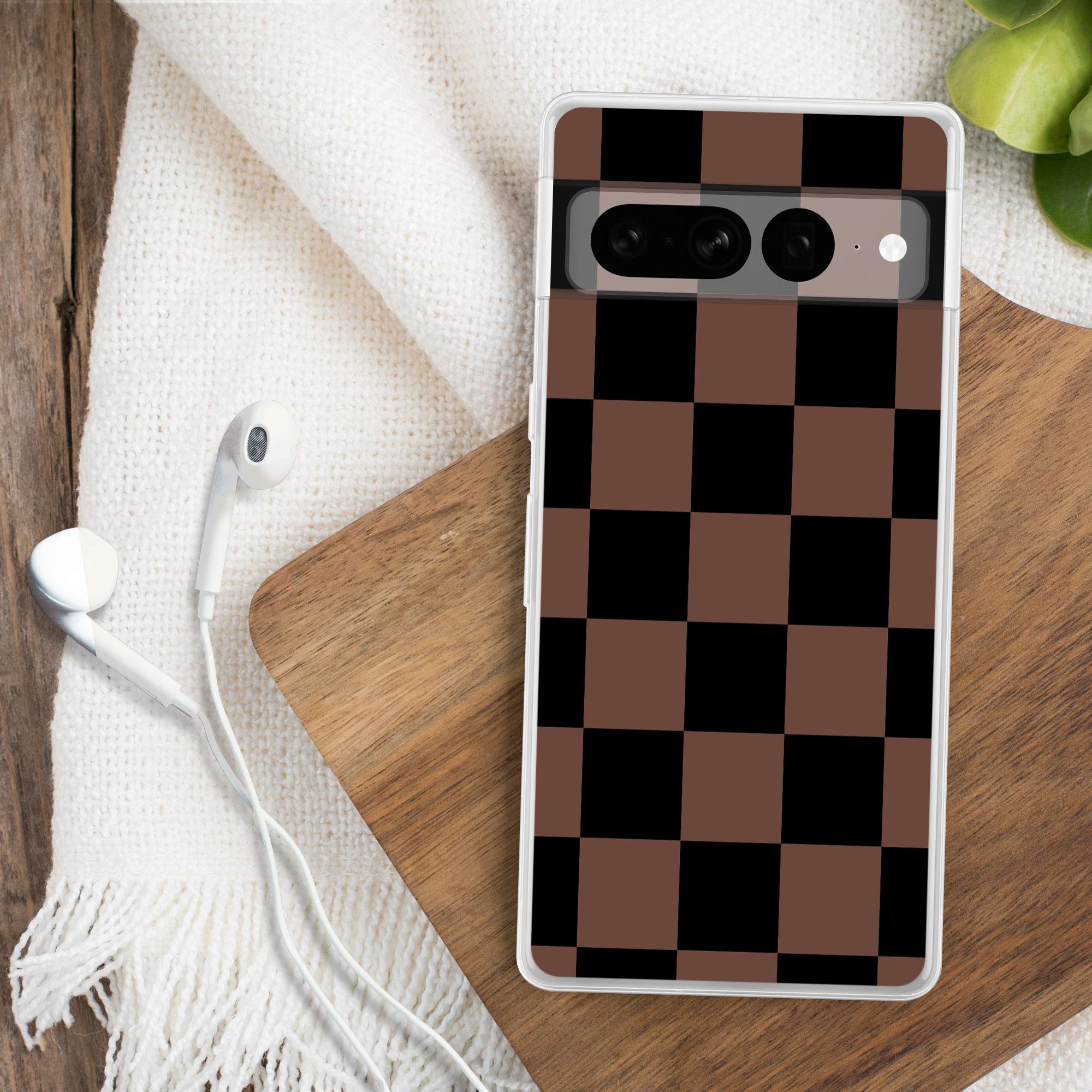 MuchoWow Handyhülle für Google Pixel 7 Pro Schachbrettmuster - Braun - Schwarz - Blöcke, Phone Case, Silikon, Schutzhülle Dünn