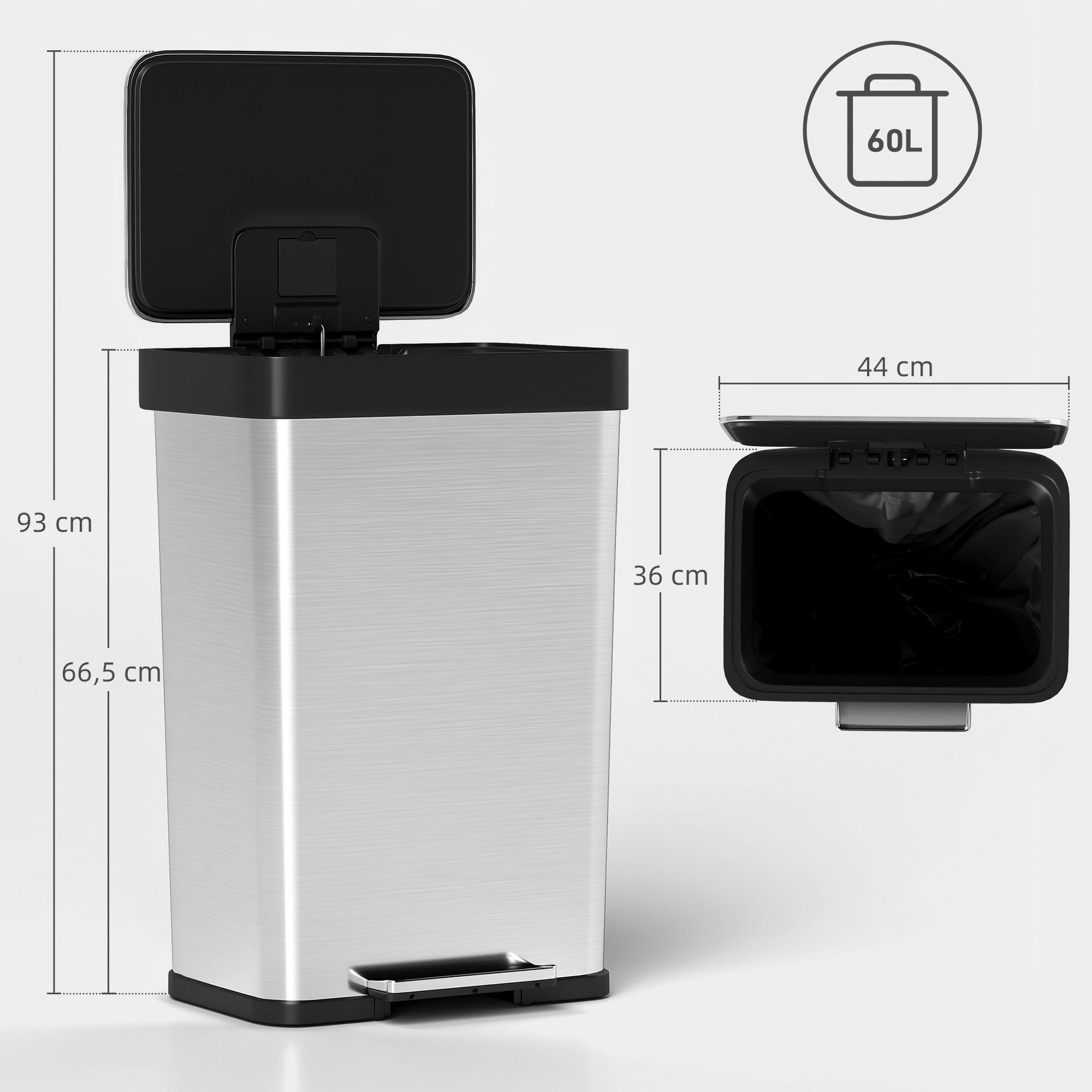 HOMCOM Mülltrennsystem mit Fußpedal, Edelstahl-Abfalleimer mit sanft schließendem Deckel, Silberfarben