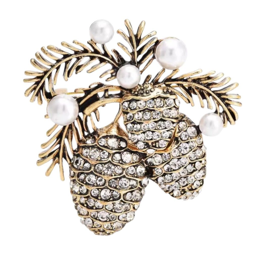 Dark-Desires Brosche Tannenzapfen Pinienkerne -Brosche mit Kunstperlen und Strass, Damen Brosche vintage Accesssoire retro Anstecknadel