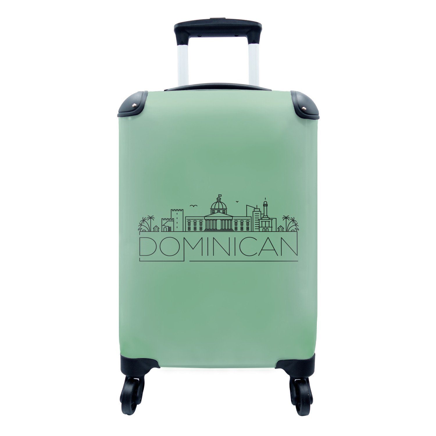 MuchoWow Handgepäckkoffer Skyline der Dominikanischen Republik" auf grünem Hintergrund, 4 Rollen, Reisetasche mit rollen, Handgepäck für Ferien, Trolley, Reisekoffer
