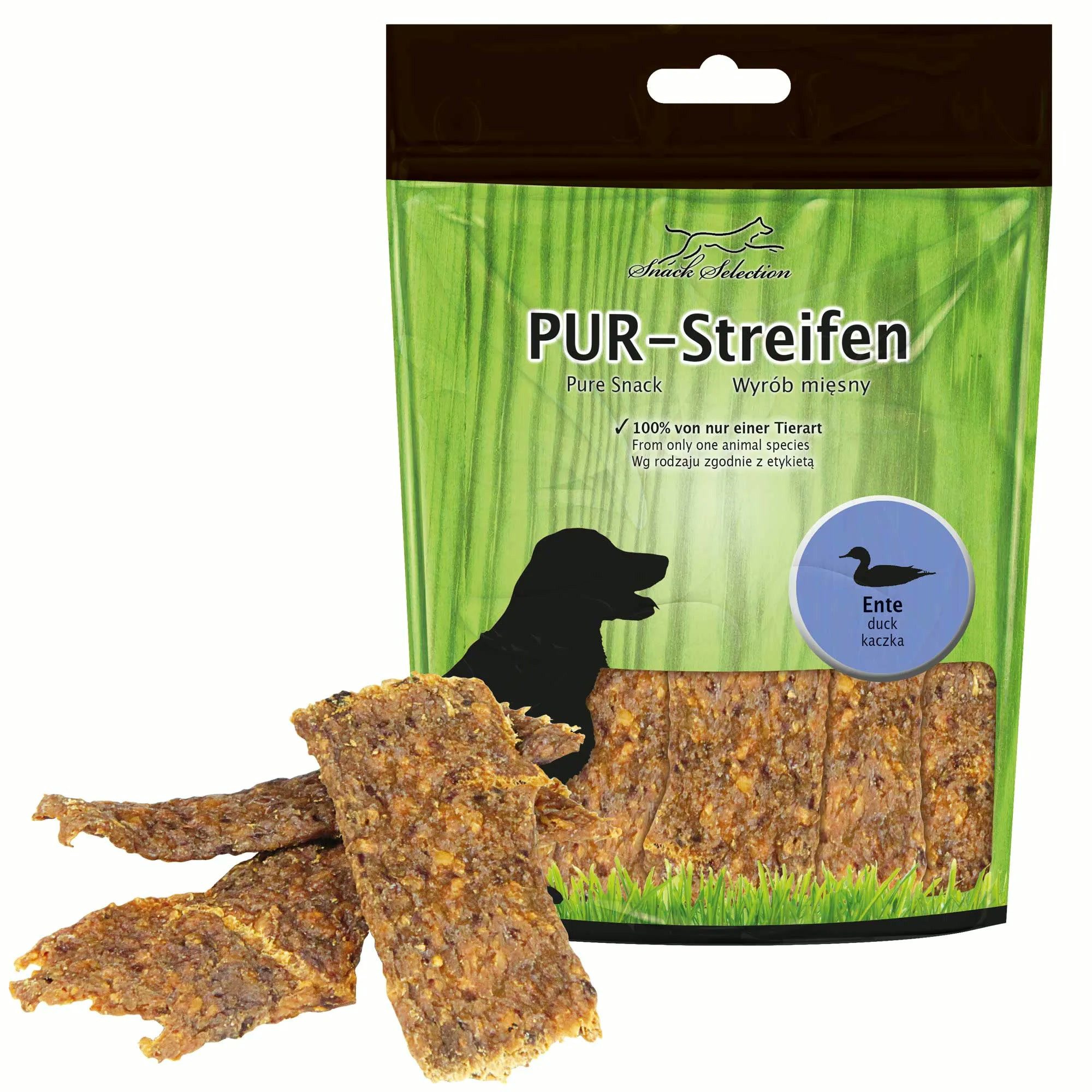 Greenhound PUR Streifen Ente -100 % purer Kauspaß für sensible Hunde Ente, Snack für: Hunde, Katzen, Gluten- & getreidefrei – gut verdaulich und magenfreundlich