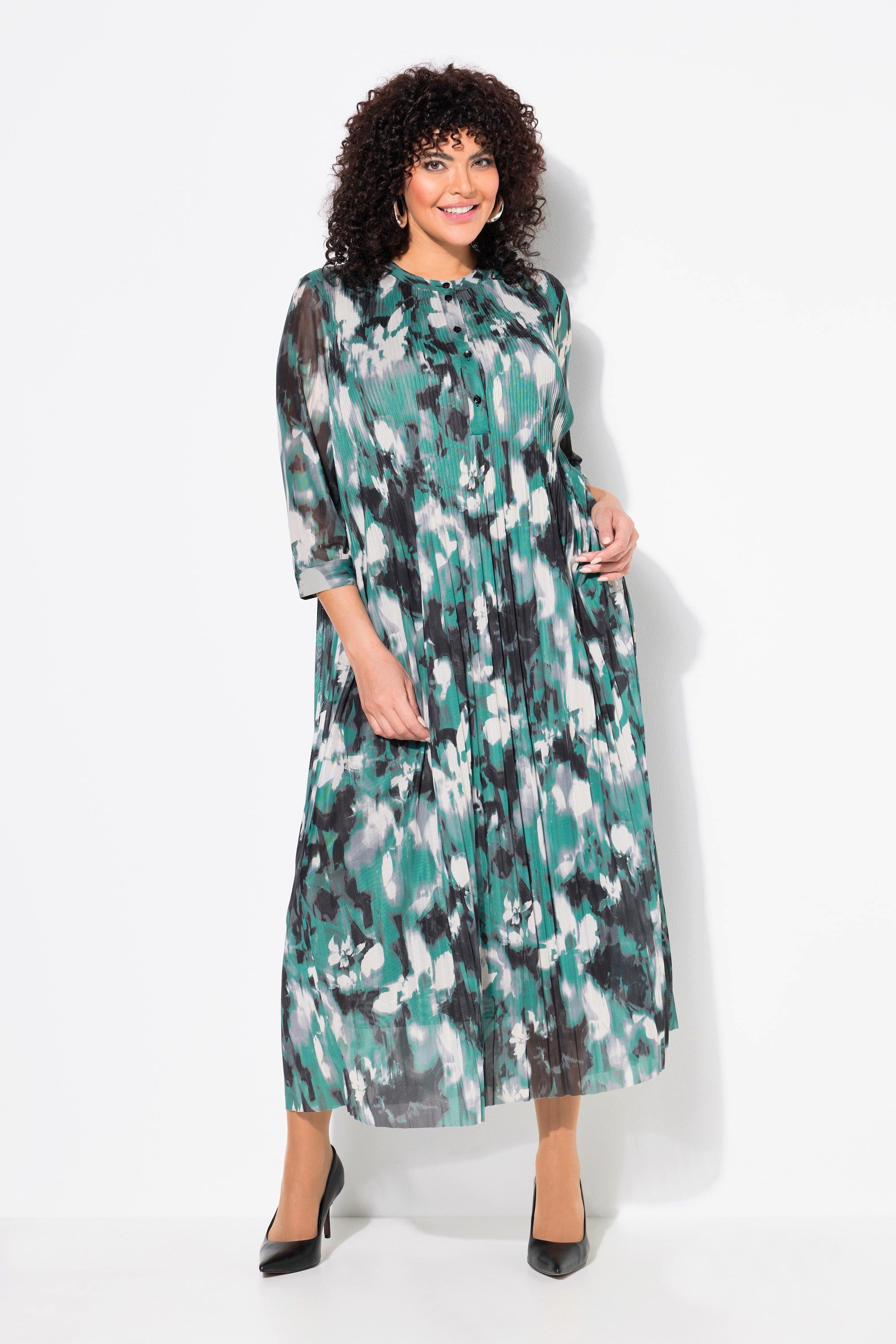 Ulla Popken Midikleid Mesh-Maxikleid Zierfalten Rundhals günstig online kaufen