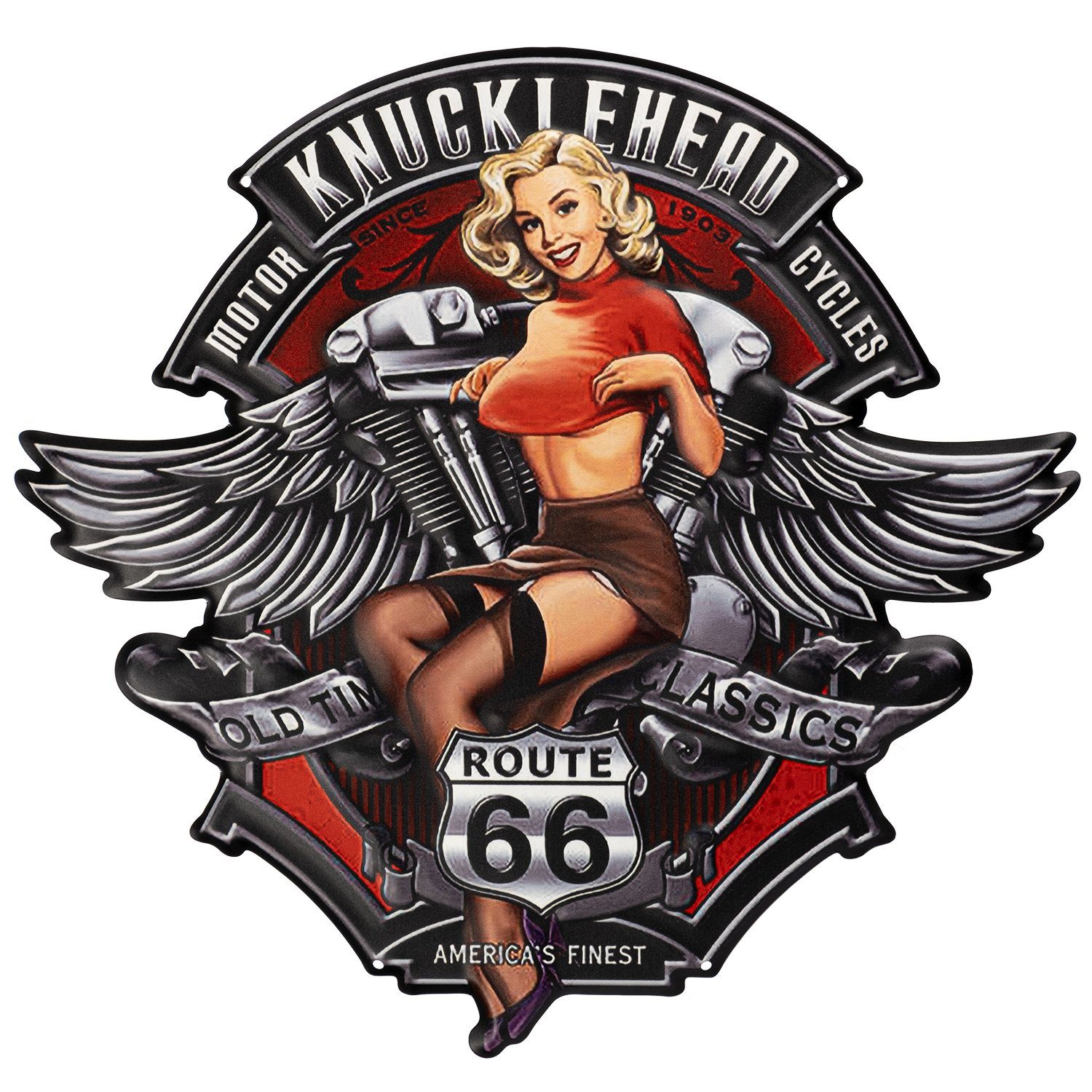 Moritz Metallschild Motorrad Route 66 US Klassik Frau Rockabilly, (Einzeln), 20 x 25cm Vintage Retro Deko Schild Metallschild Wandbild Schild