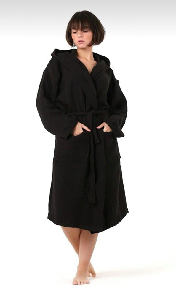 Musselin Welt Morgenmantel Bio-Musselin Morgenmantel in Schwarz, Kapuze, Gürtel