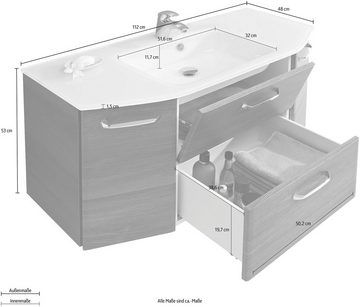 Saphir Waschtisch Quickset Waschplatz inkl. Glaswaschtisch, 112 cm breit, 2 Türen, Unterschrank mit Waschbecken, inkl. Türdämpfer, Griffe Chrom Glanz