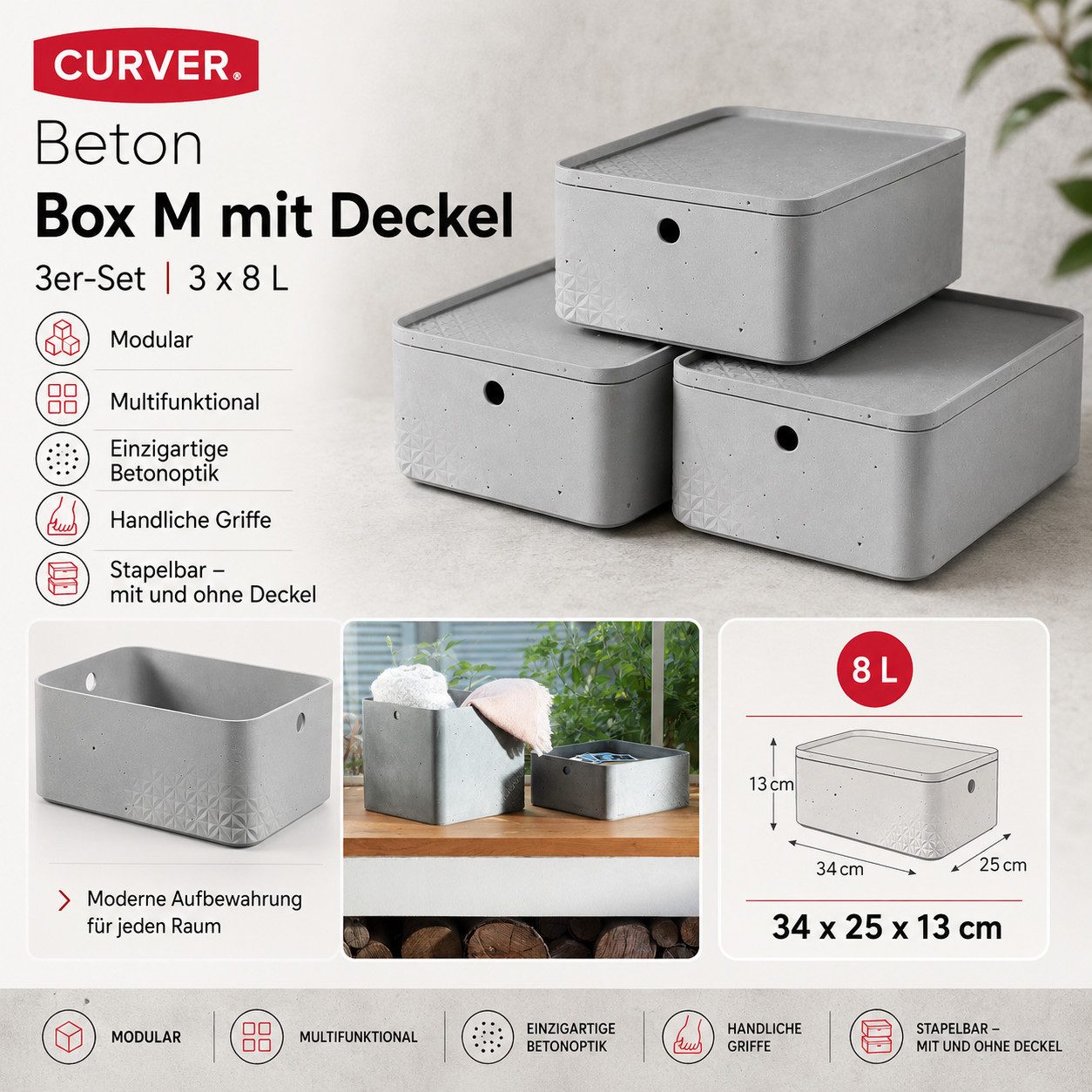 Curver Aufbewahrungsbox 3er Set Aufbewahrungsbox 8 Liter mit Deckel Stapelbox Regalbox, Ordnungsbox Aufbewahrungskiste Organizer Box Sortierbox