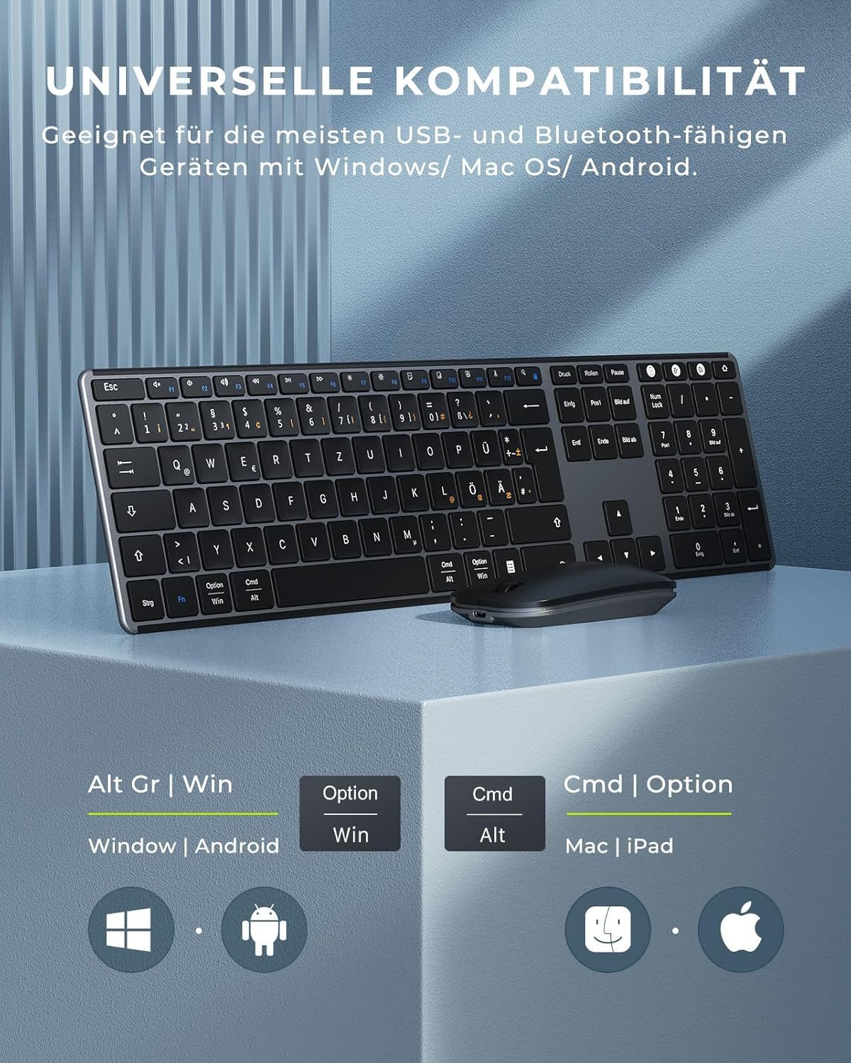 Seenda SKM64-3 Bluetooth Tastatur mit Maus Tastatur- und Maus-Set, (Wiederaufladbare Dualmodus USB & Bluetooth Tastatur aus Metal, 2 St., Tastatur&Maus(kabellos), USB-A/ BT1/ BT2