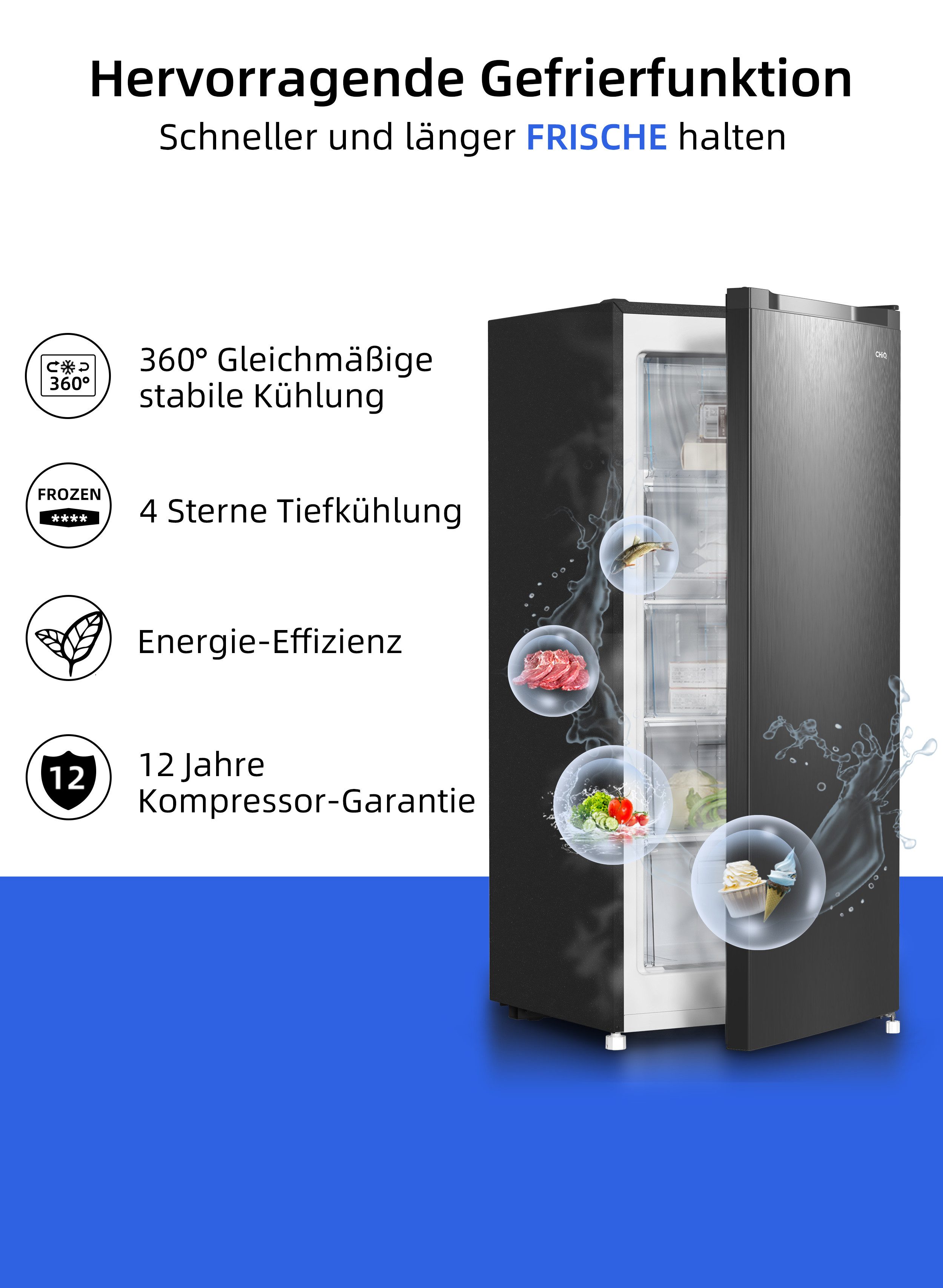 CHiQ Gefrierschrank Schneller Gefrierschrank FSD160D4E, 131 cm hoch, 54 cm breit, 4 Sterne 145L Gefrierschrank, 12 Jahre Garantie auf den Kompressor