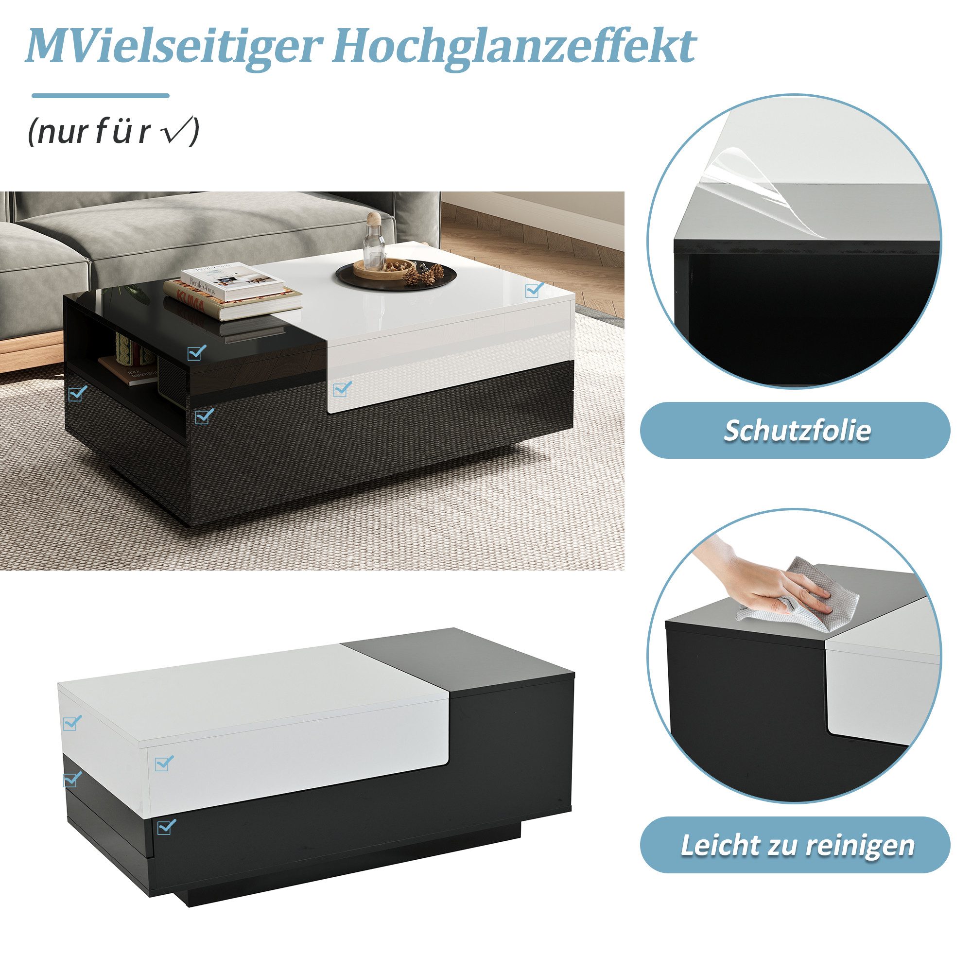 Merax Couchtisch Sofatisch Beistelltisch mit Hochglanz-Oberfläche (1-St), Wohnzimmertisch mit 2 Schubladen, Stauraum & Schiebeplatte,100x50x38cm – Bild 5 von 5
