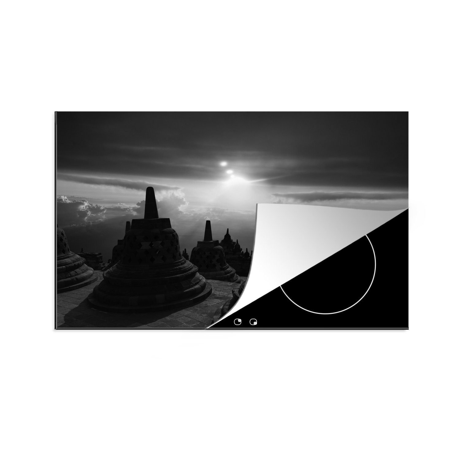 MuchoWow Herdblende-/Abdeckplatte Indonesien - Sonne - Schwarz - Weiß, Vinyl, (1 tlg), 81x52 cm, Induktionskochfeld Schutz für die küche, Ceranfeldabdeckung