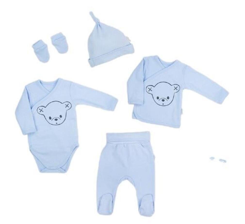 Babyhafen Erstausstattungspaket Babyhafen Baby Erstausstattung 5-teilig  Blau Komplettset Neugeborene (Geschenk Verpackung 5 er set, 5-tlg.,  4Tlg_Wickelshirt_Body_Mütze_Hanschue_Strampler) niedlichem Print