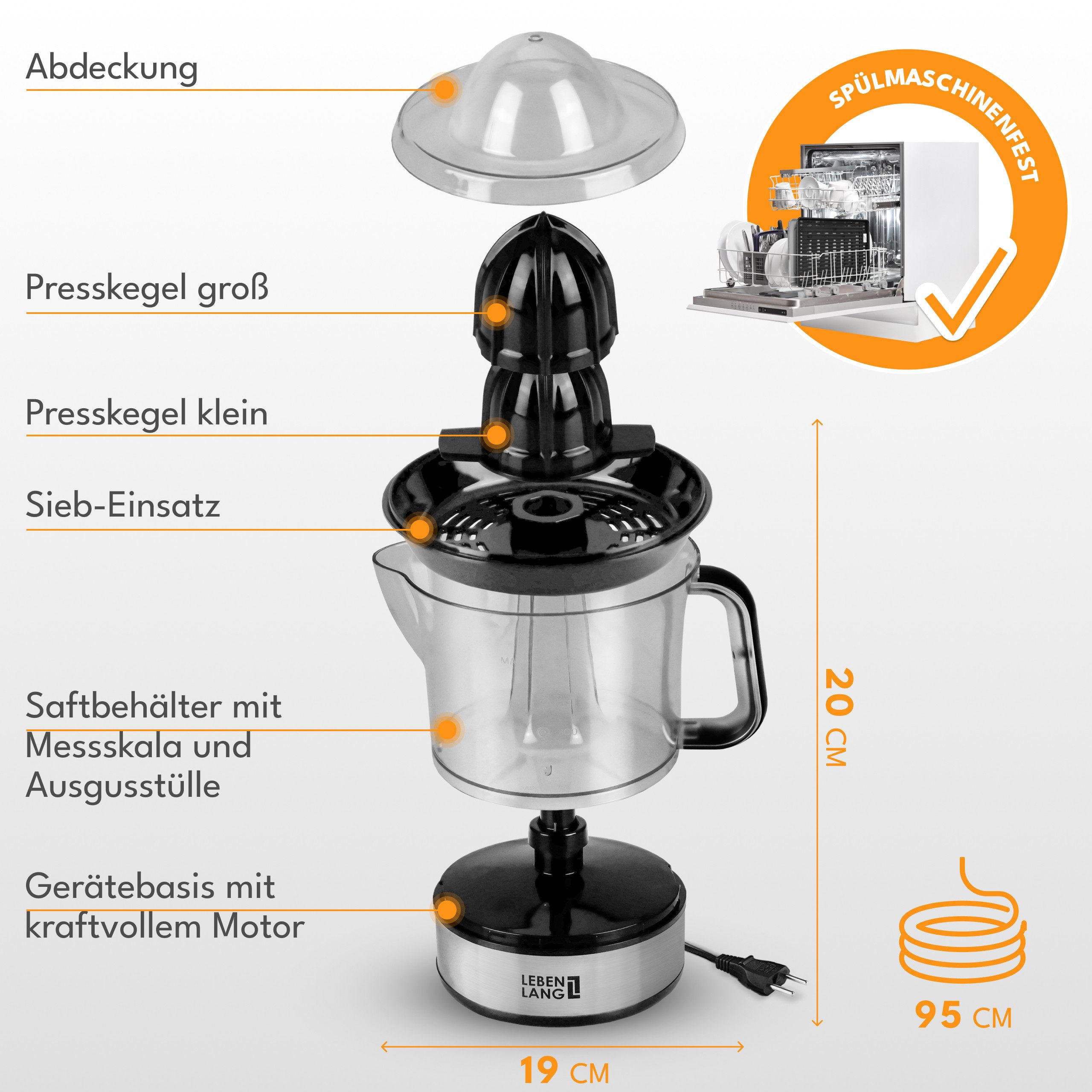 Lebenlang Zitruspresse Saftpresse elektrische Zitronenpresse Orangenpresse, 40,00 W, BPA-freie, zwei Drehrichtungen, spülmaschinenfest, Auto ON/OFF – Bild 5 von 5